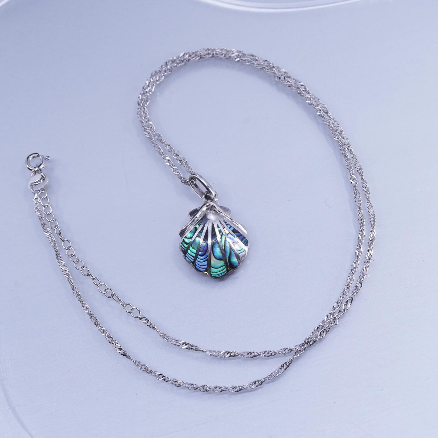 17+2” Sterling 925 silver Singapore rope chain necklace abalone shell pendant
