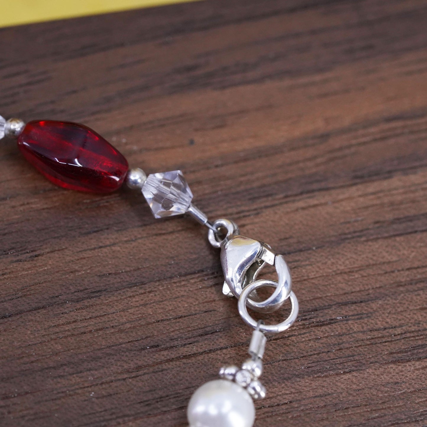 6.75”, Vintage Sterling 925 silver beads bracelet with pearl red crystal beads