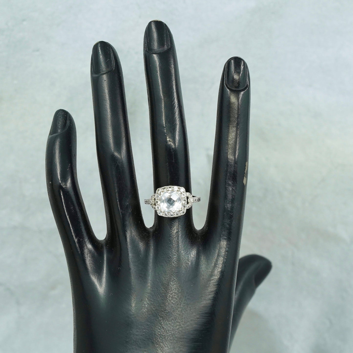 Size 7.5, vintage Sterling 925 silver handmade engagement ring with cluster Cz