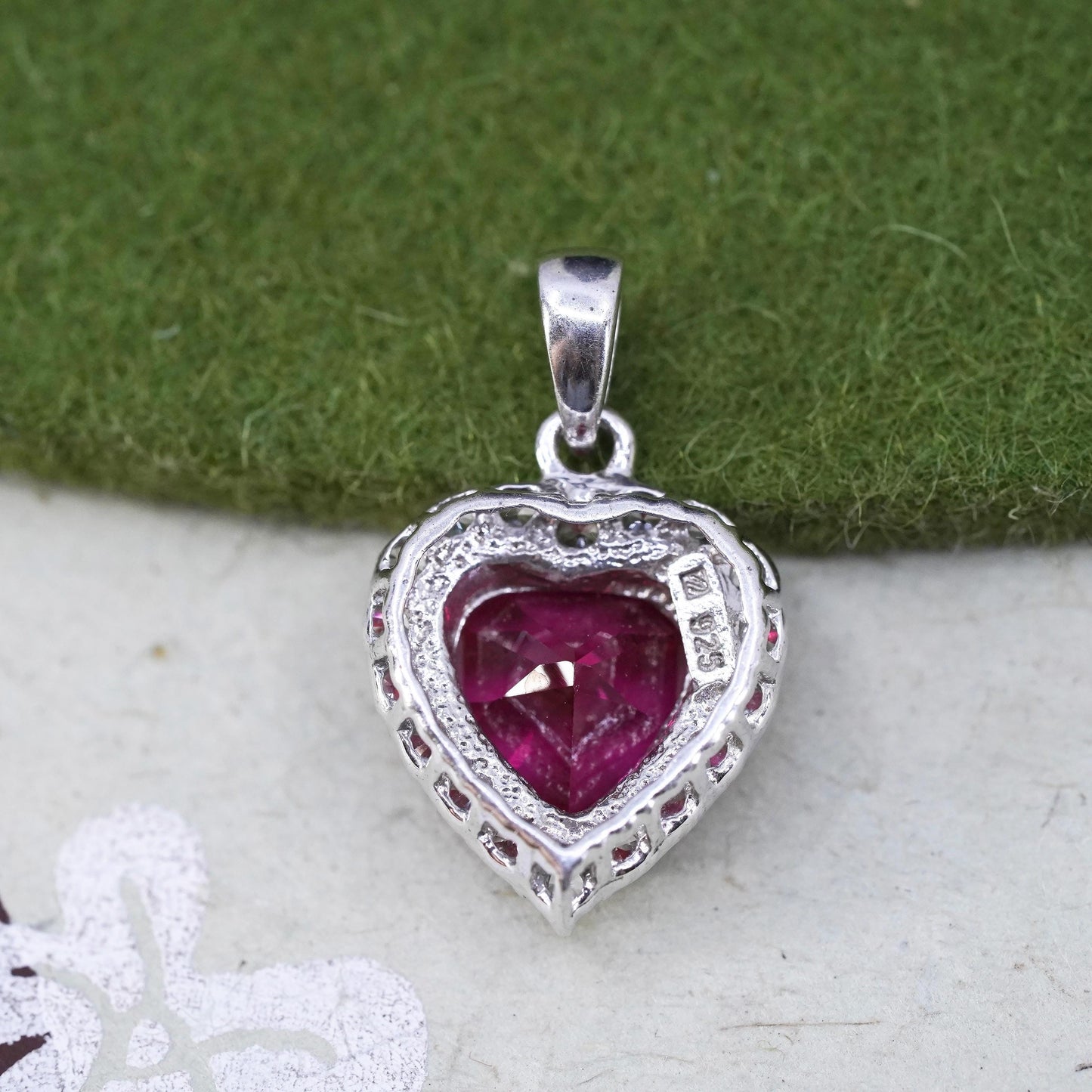 Vintage sterling silver pendant, 925 silver heart with ruby and cz around