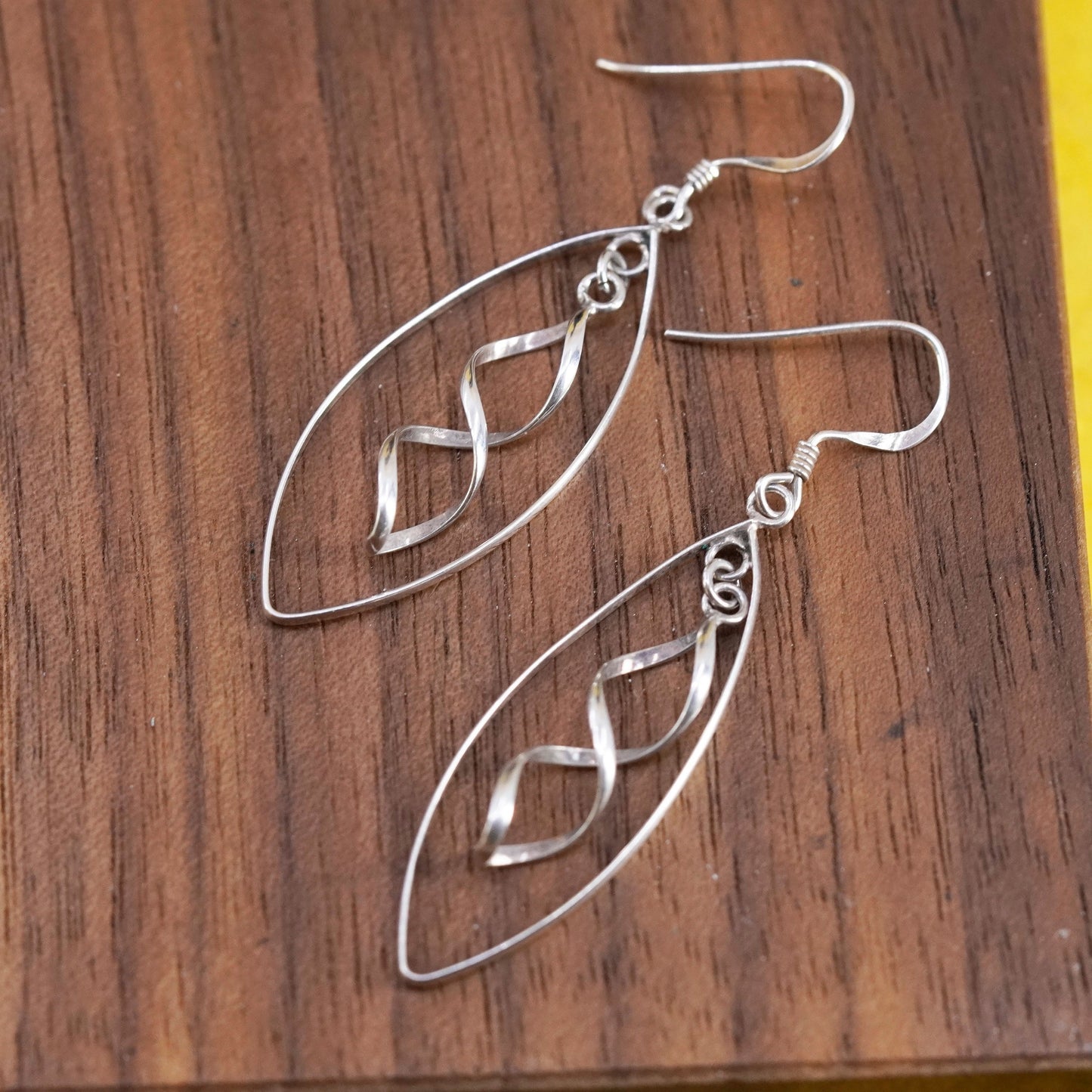Vintage Sterling silver handmade earrings, 925 marquise dangle with spiral
