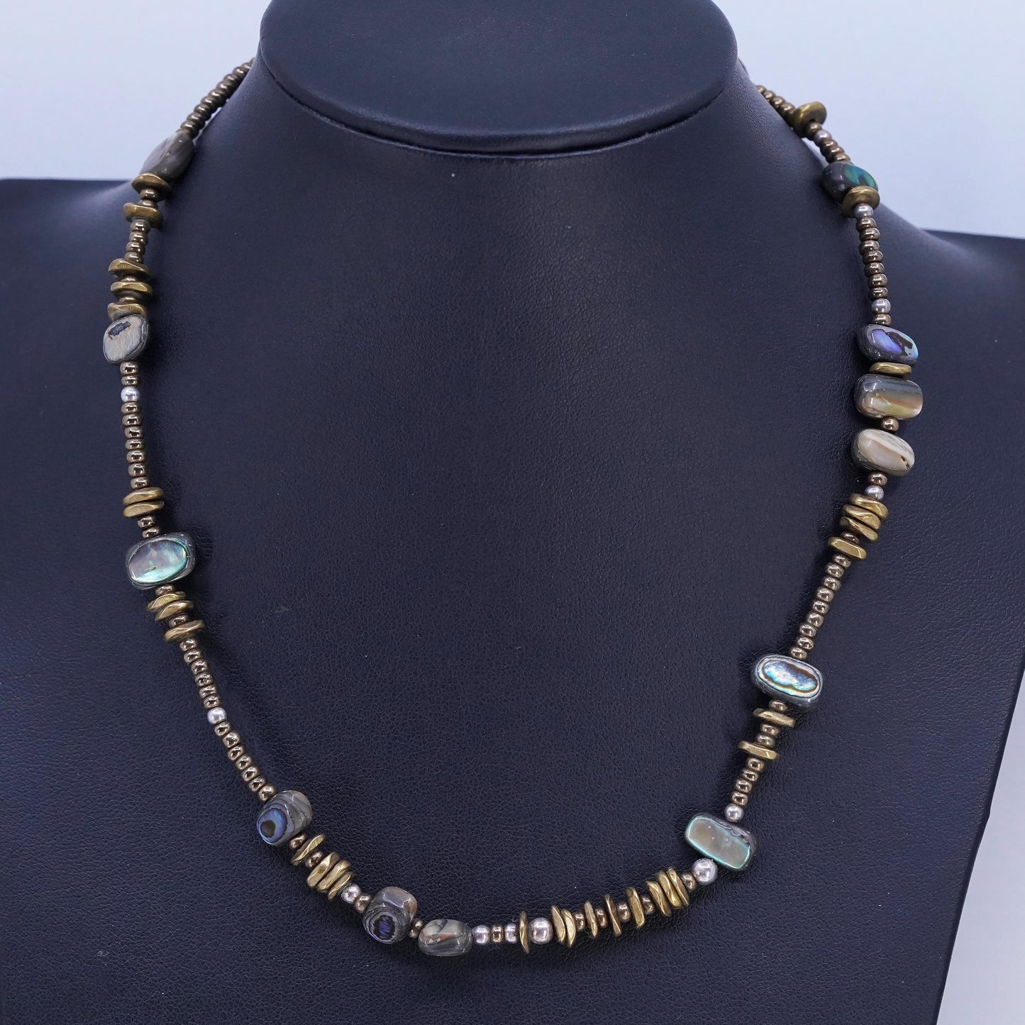17+2", vintage 925 Sterling 925 Silver Necklace with brass and abalone beads