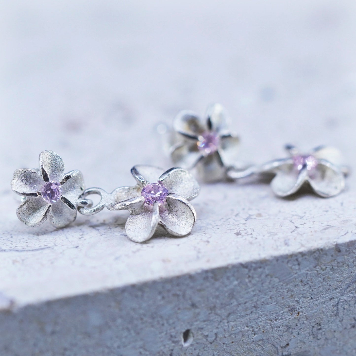 Sterling silver handmade earrings, 925 inches plumeria flower drops w/ pink cz