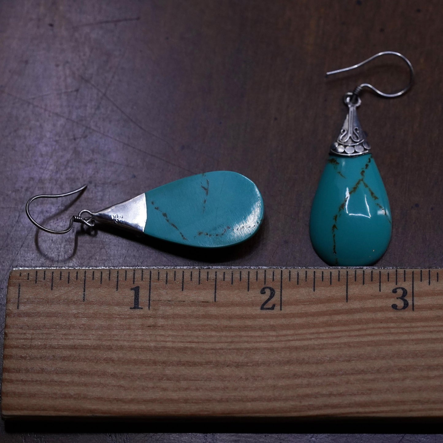 Vintage sterling 925 silver handmade teardrop earrings with turquoise beads