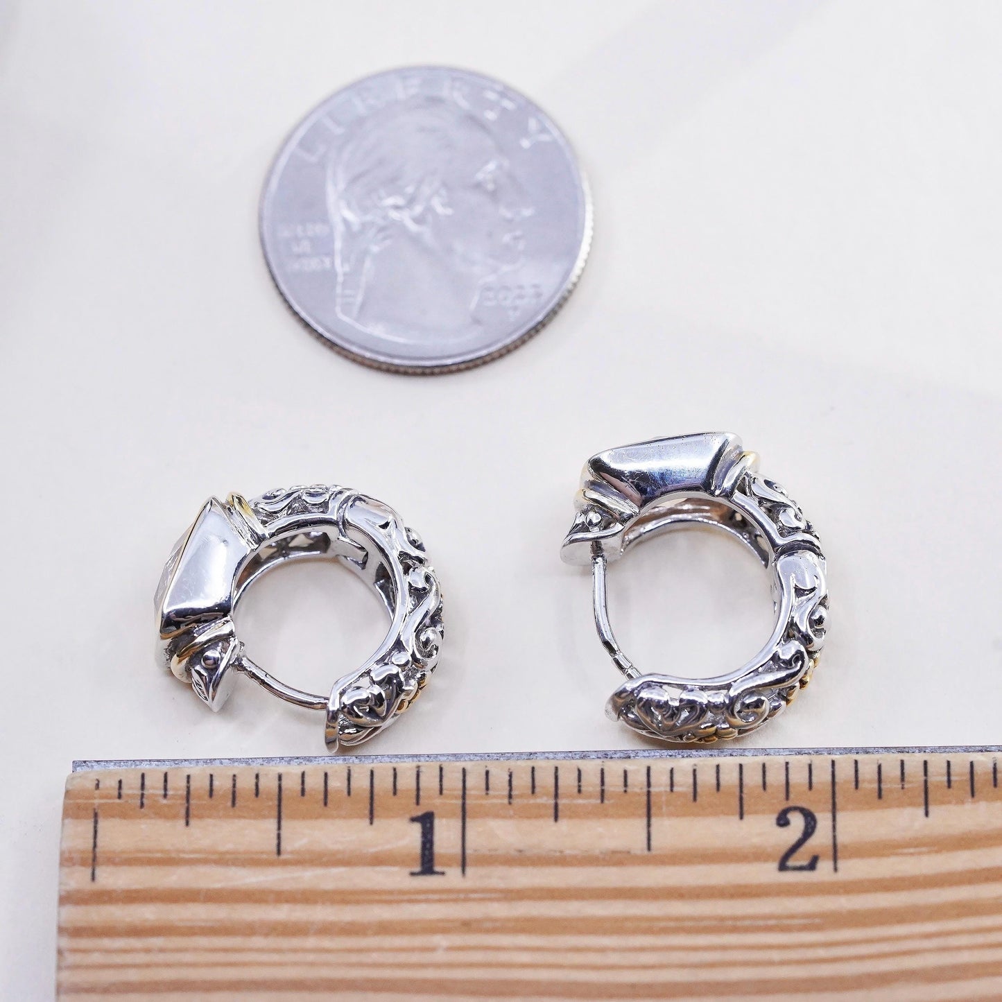 Vintage sterling silver earrings, filigree floral 925 huggie hoops citrine