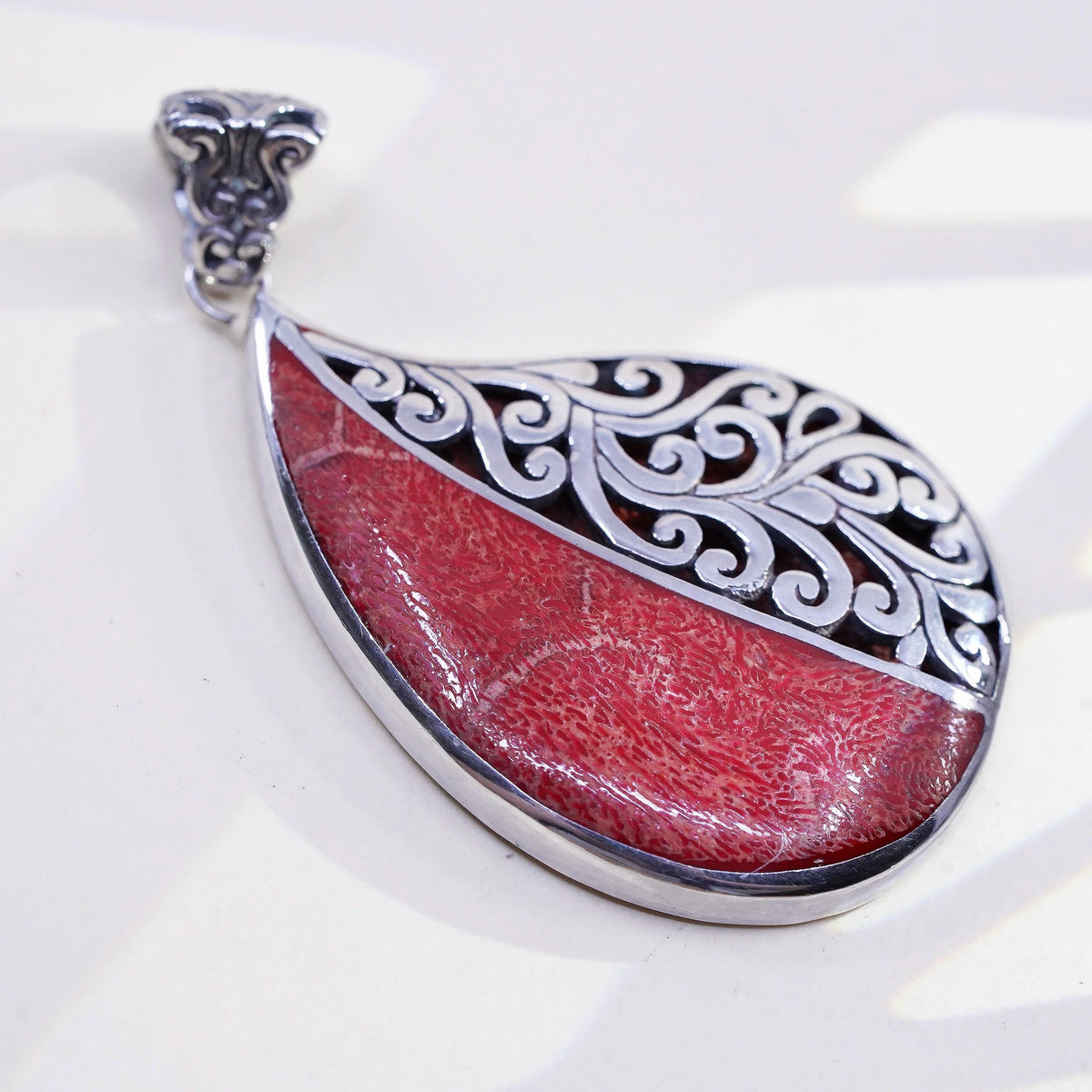 Sterling Silver Red Coral Teardrop double sided Pendant, Bali Filigree Charm
