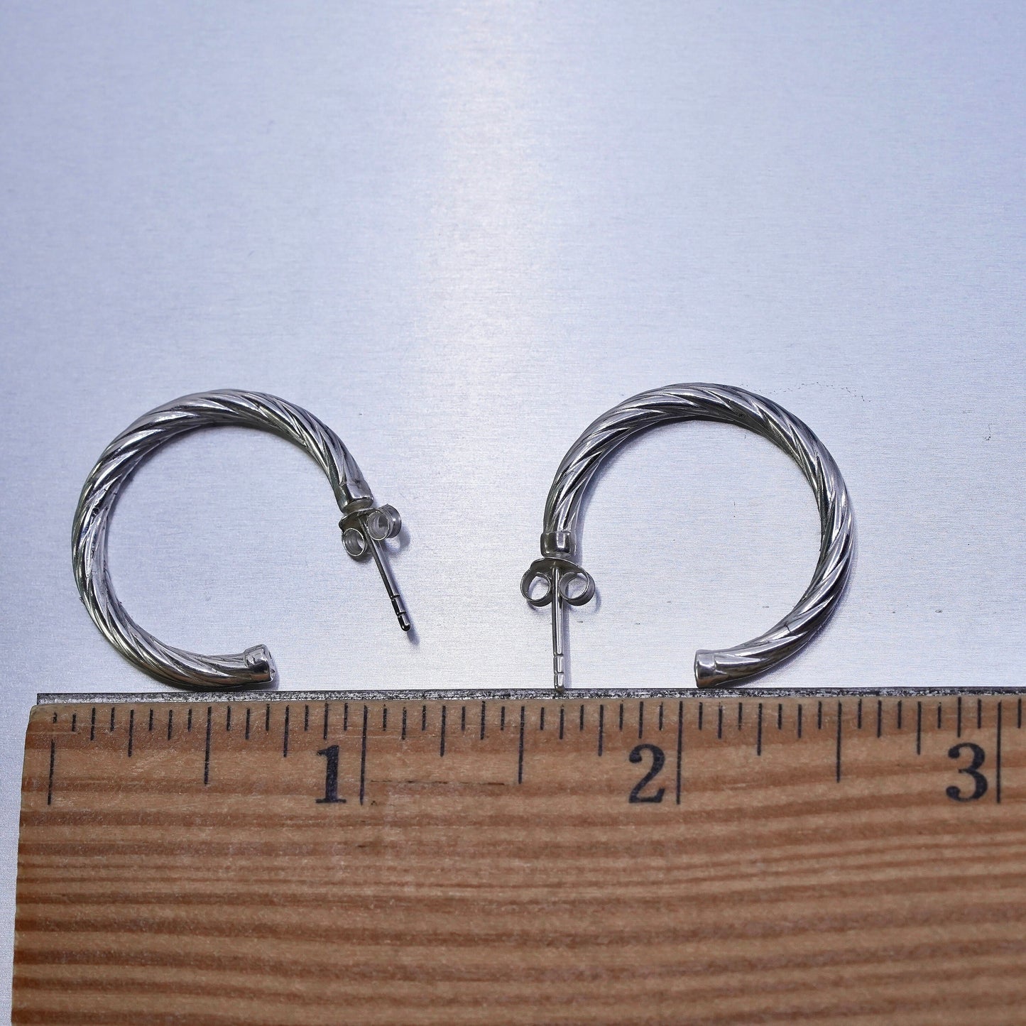 1”, vintage Sterling silver handmade earrings, textured 925 hoops
