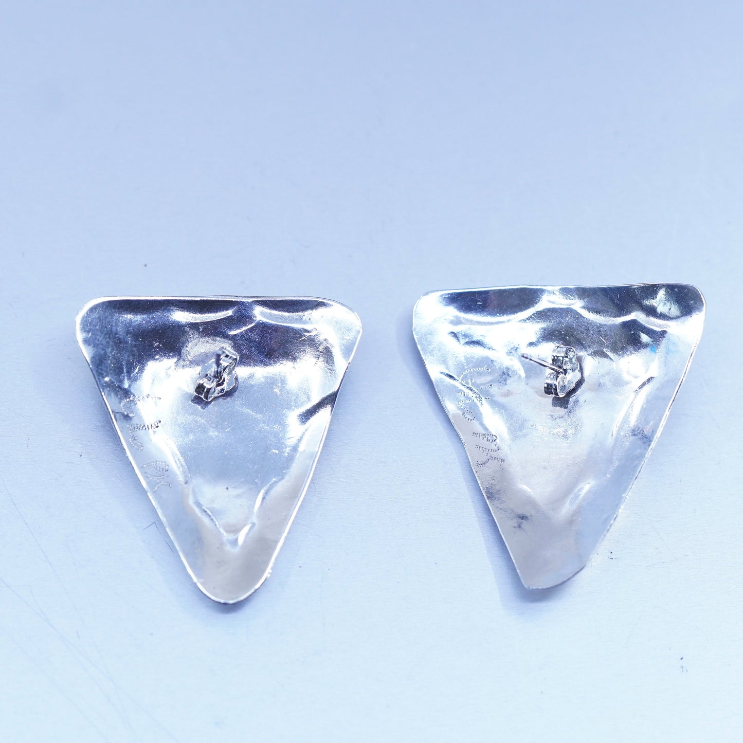 two tone Sterling 925 silver earrings, triangular owl studs pearl black onyx