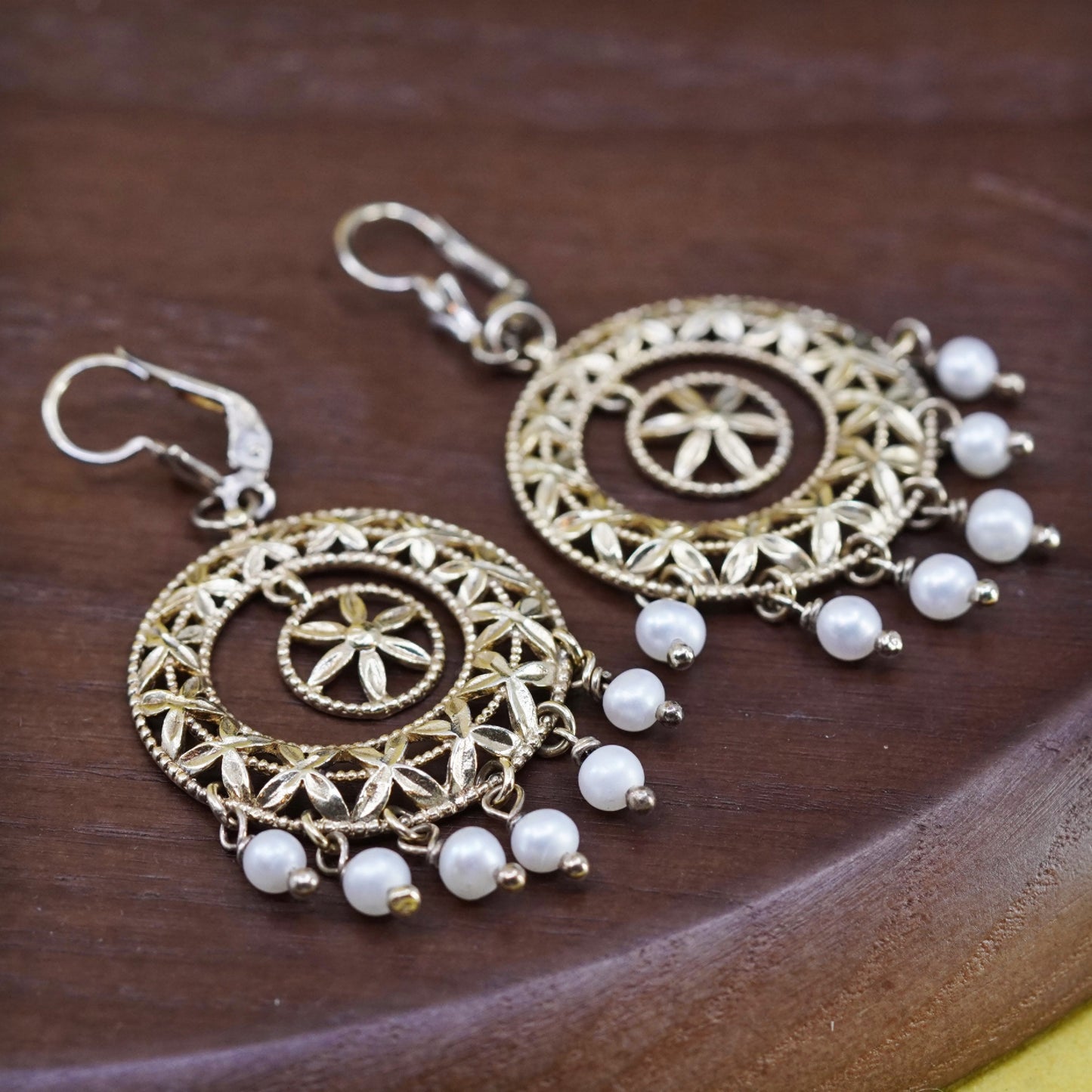 vermeil gold Sterling silver handmade earrings, 925 Bali Filigree circle pearl