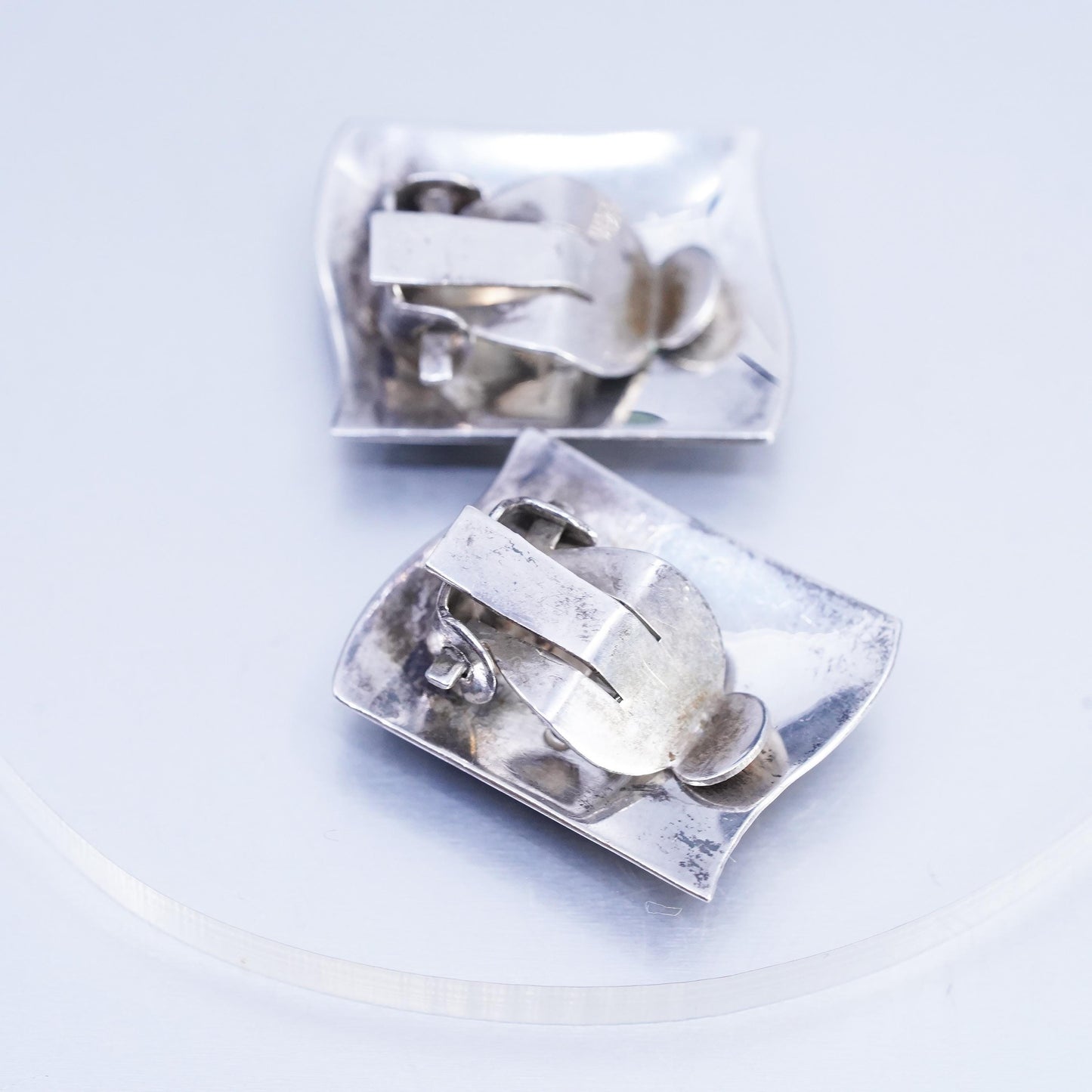 Vintage Siam sterling silver clip on earrings, 925 rectangular earrings, niello