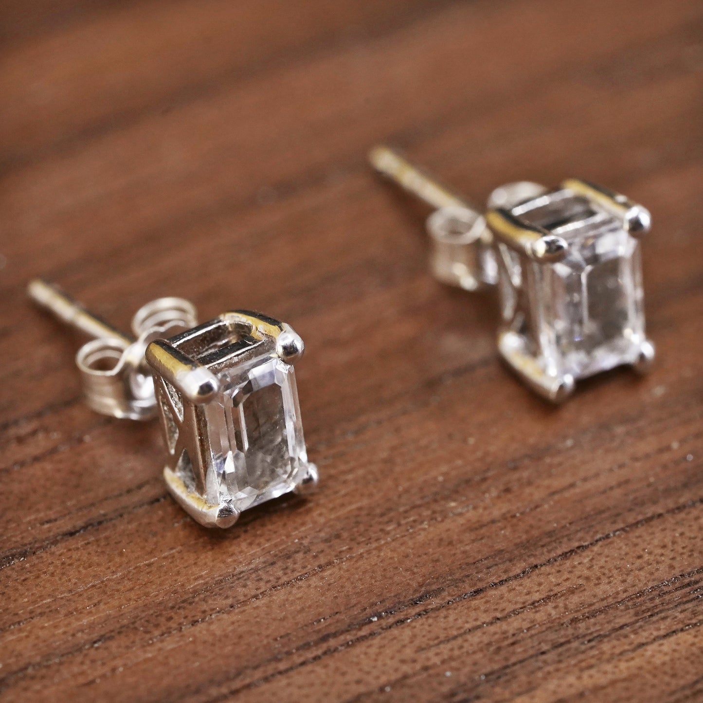 5mm, Vintage Sterling silver handmade earrings, 925 rectangular cz studs