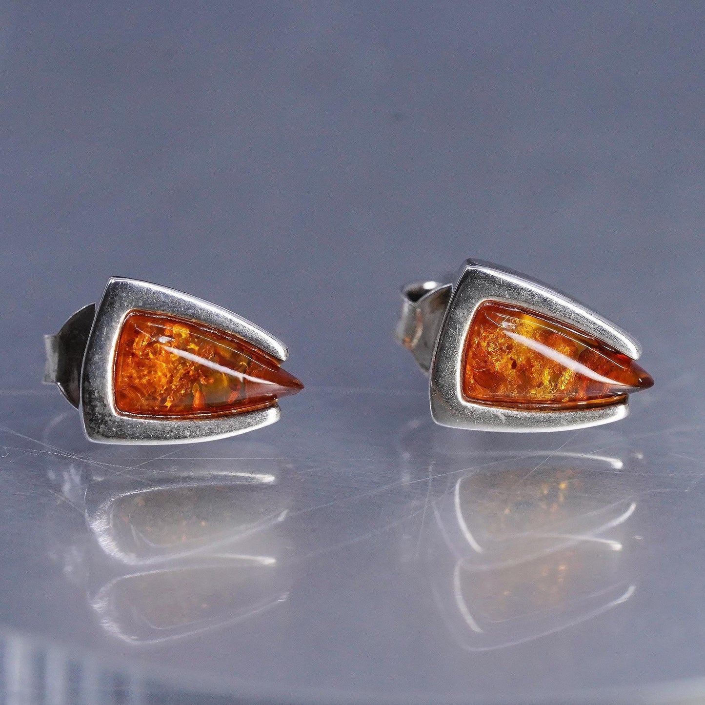 Vintage Sterling 925 silver handmade earrings, amber studs