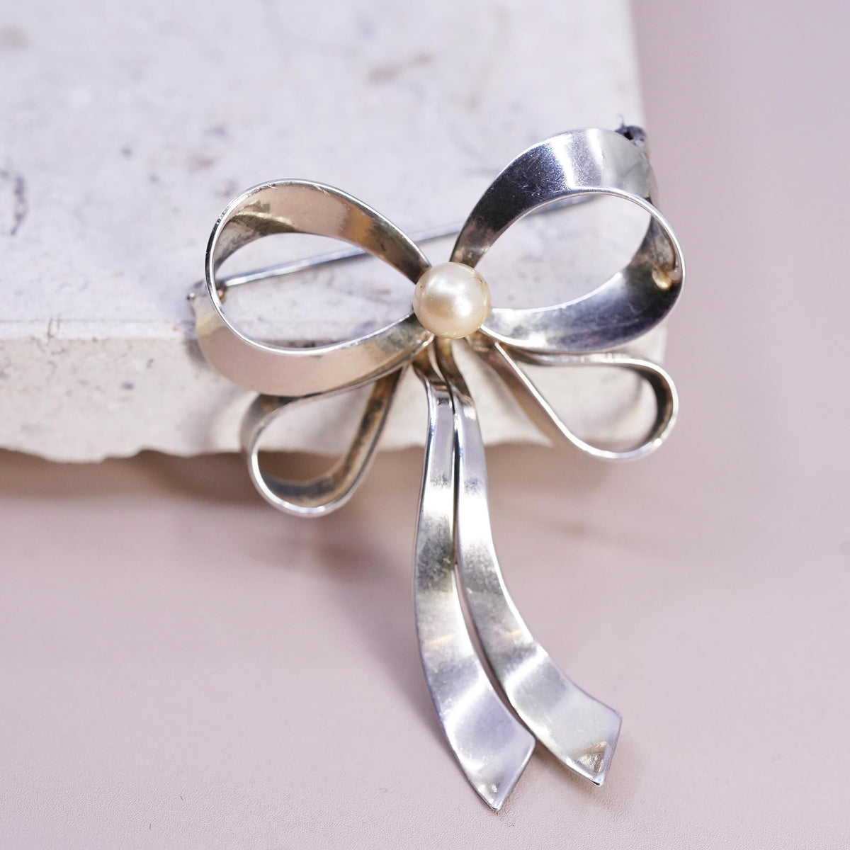 vermeil gold plated Sterling Silver Bow Brooch Pearl, Modernist Pin, Sculptural