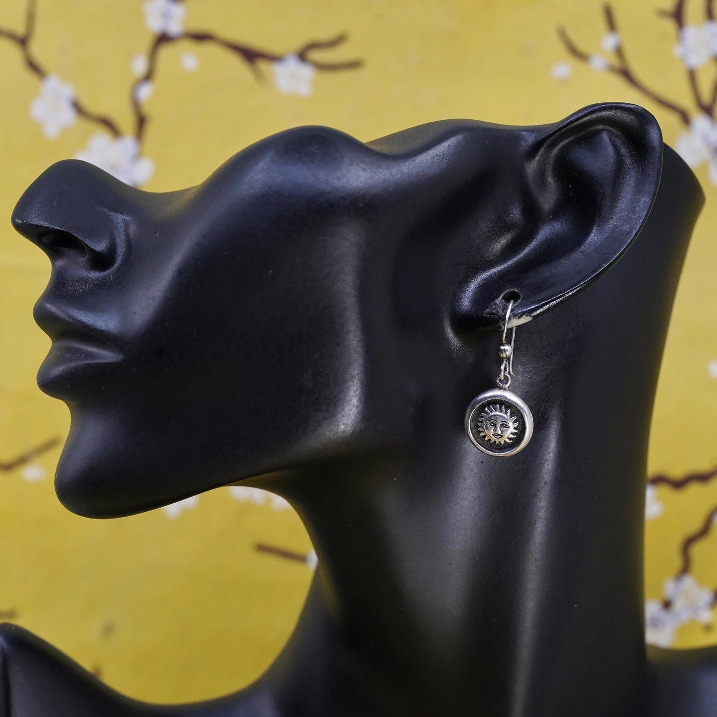 Vintage Bocco Sterling Silver Sun Face Dangle Earrings, Stamped 925 Handmade