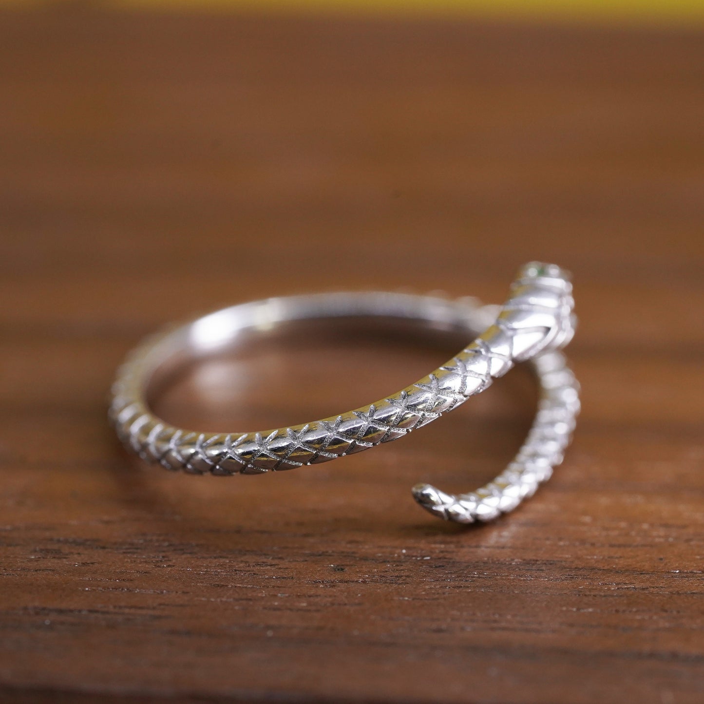 Size adjustable, Sterling silver ring, 925 snake wrap band with green enamel
