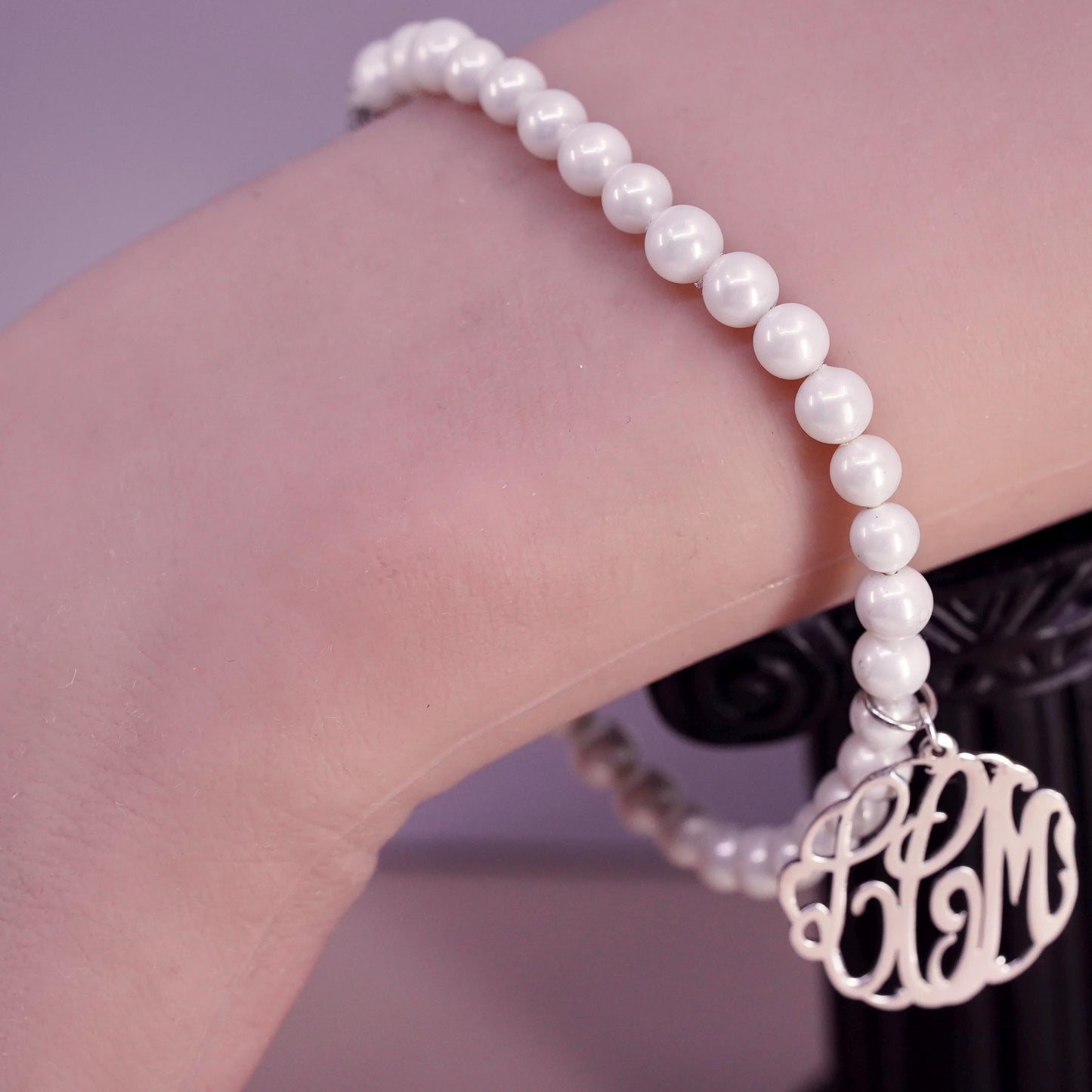 7.75", Sterling silver handmade bracelet, 925 monogram LMC charm pearl beads