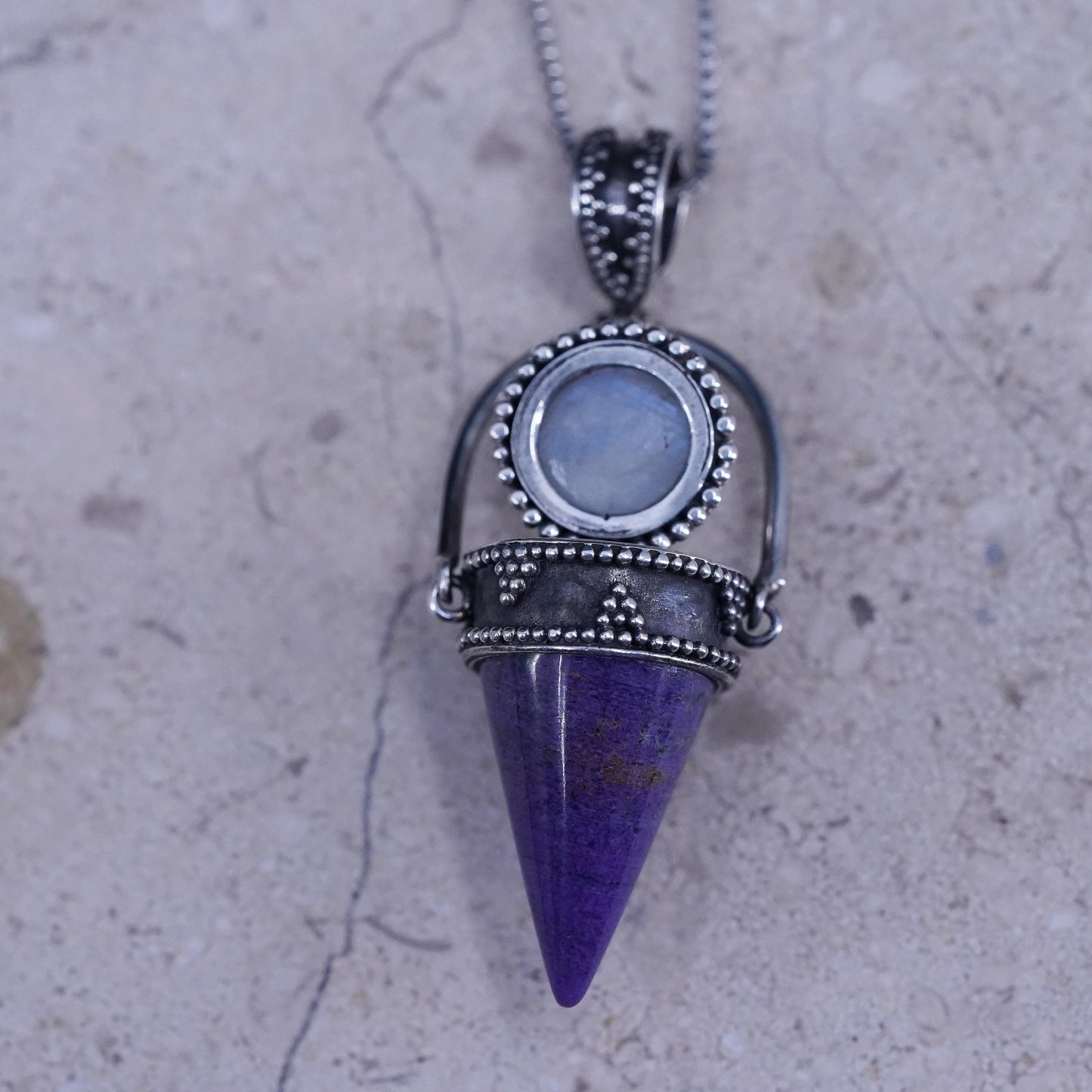 18”, sterling 925 silver necklace healing crystal pendant moonstone charoite