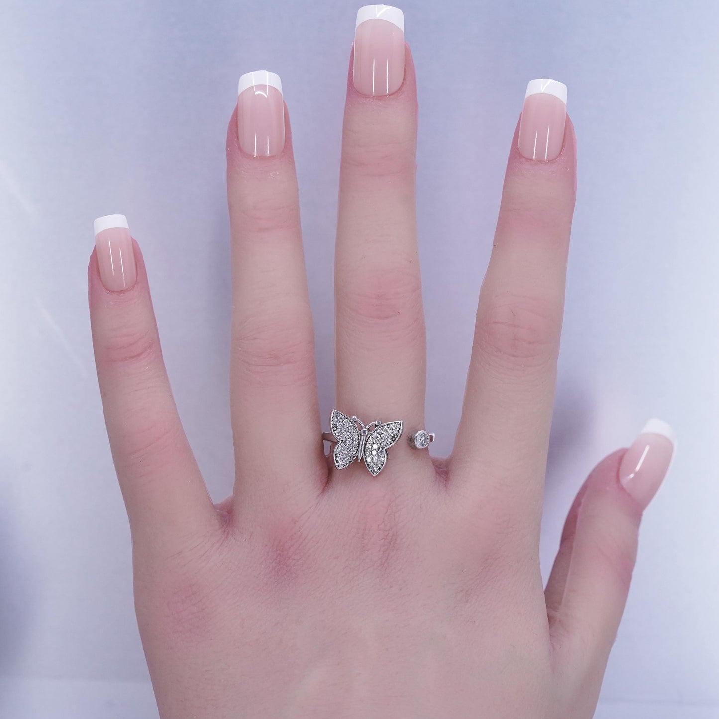 Size 9, vintage Sterling 925 silver adjustable ring, cluster Cz butterfly