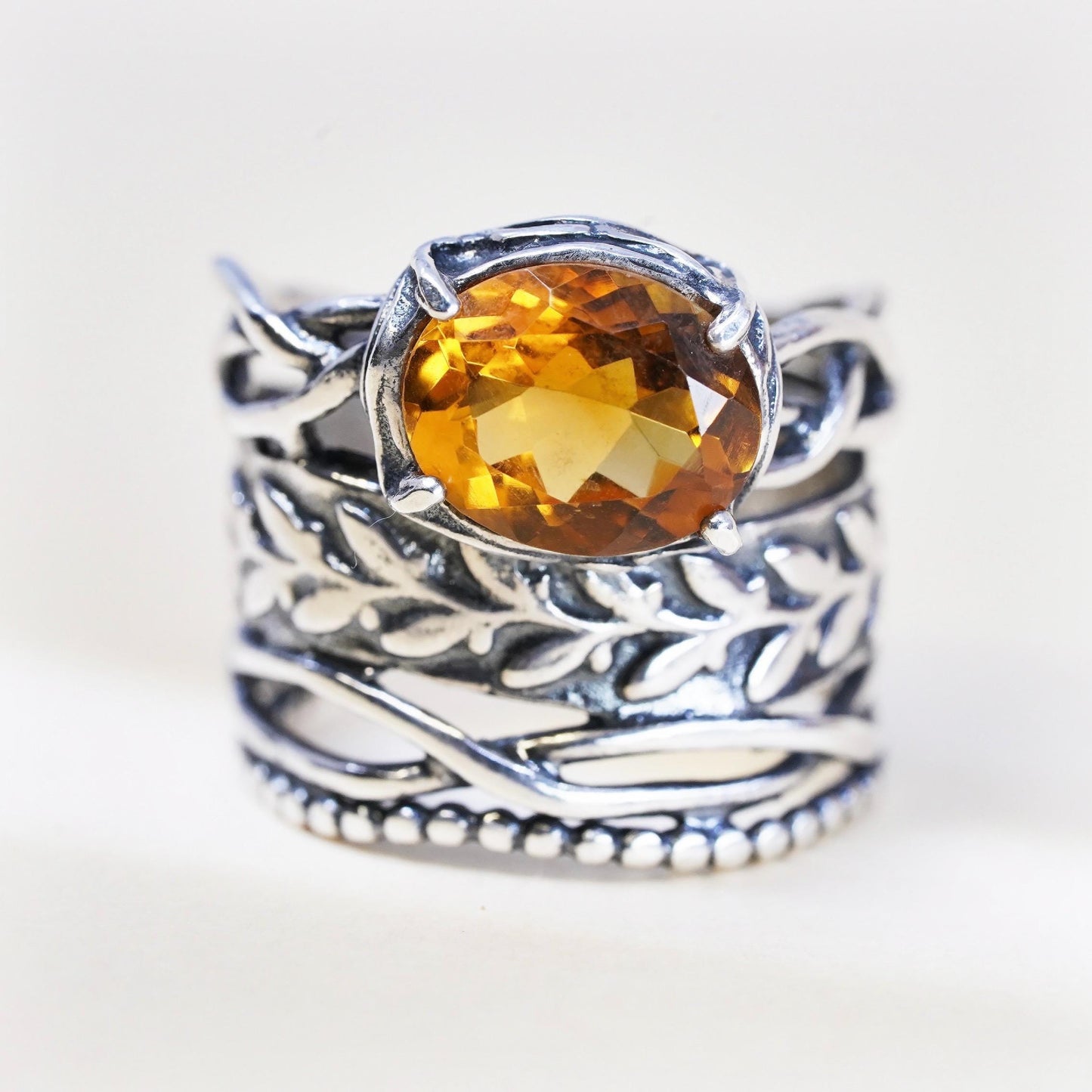 Size 6, VTG Israel PZ Israel Sterling Silver Oval Citrine Ring, Leaf Vine Band
