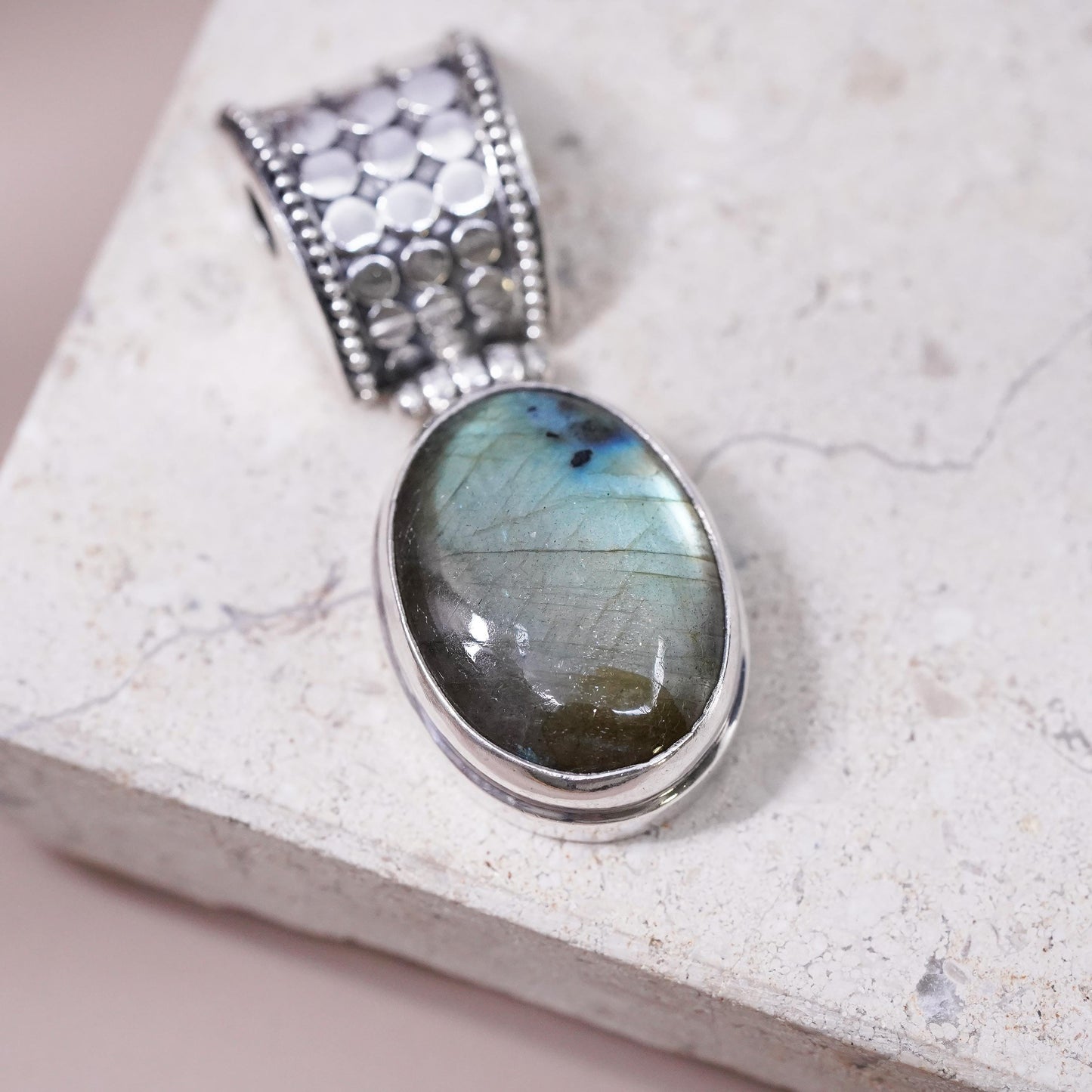 Vintage Sterling silver handmade pendant, 925 bead textured oval labradorite