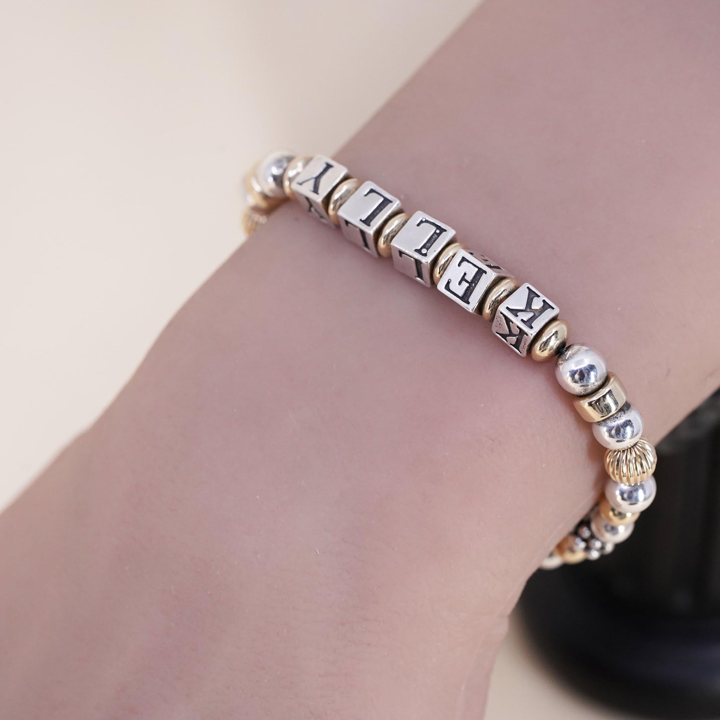 6.5", VTG Sterling 925 Silver 14K yellow gold beads bracelet name Kelly cubes