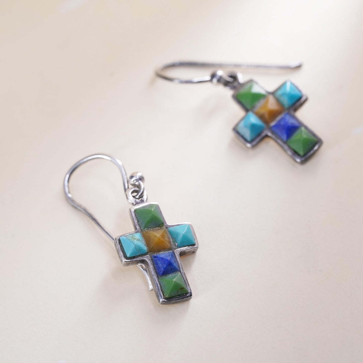Native American Sterling 925 silver handmade earrings, cross coral turquoise