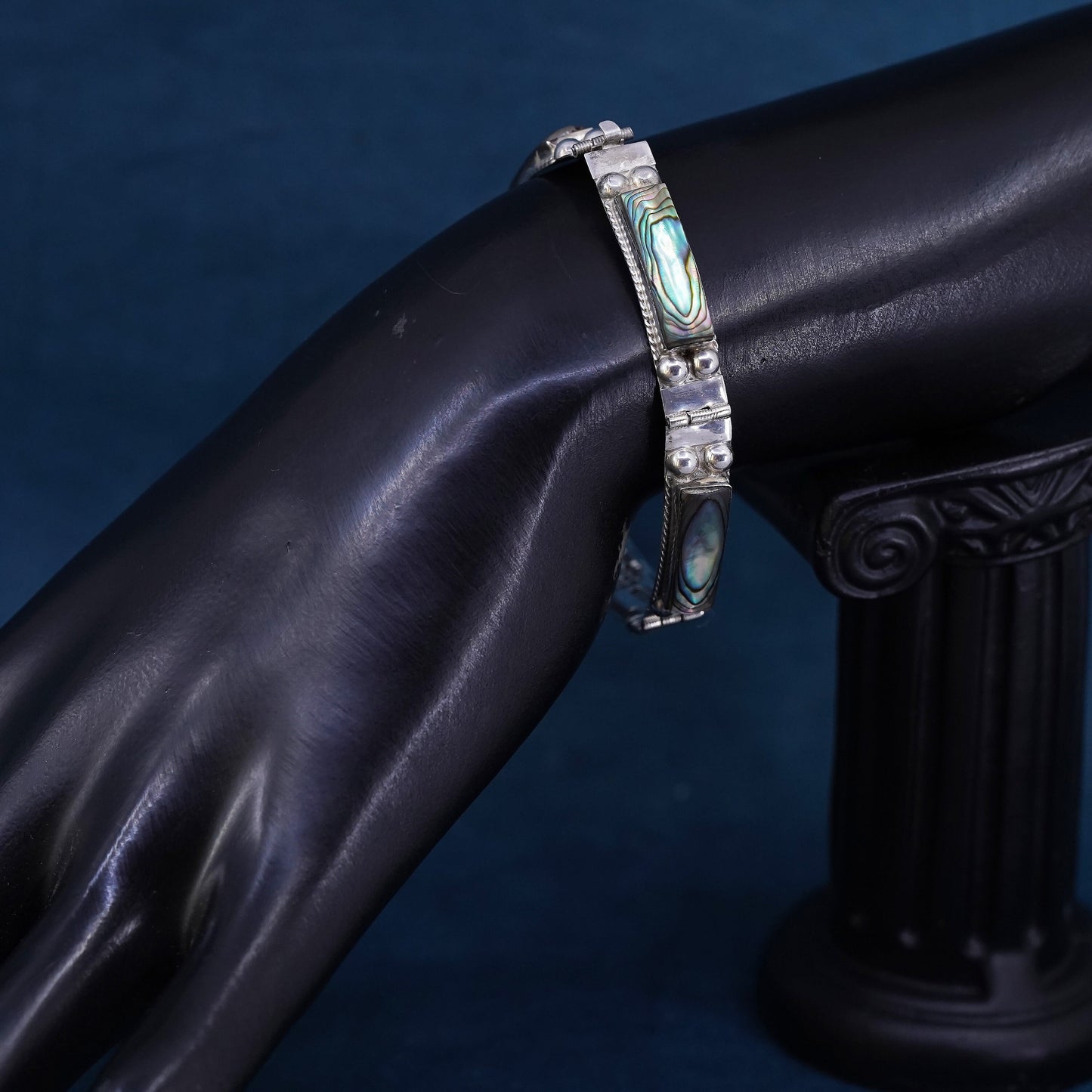 6.75", vintage Mexican Sterling 925 silver handmade tennis bracelet w/ abalone