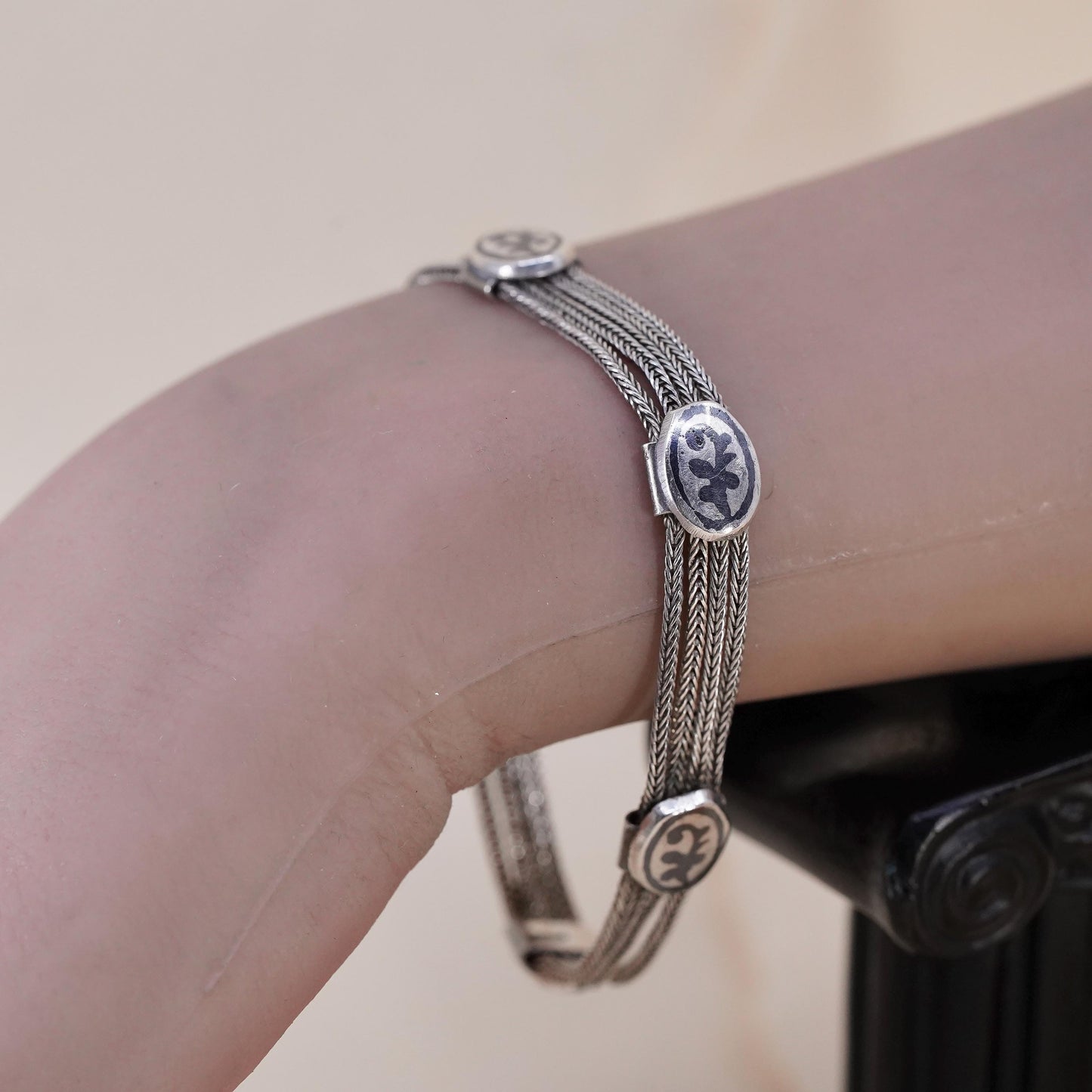 7.25”, VTG sterling silver handmade bracelet, multi strands 925 wheat chains