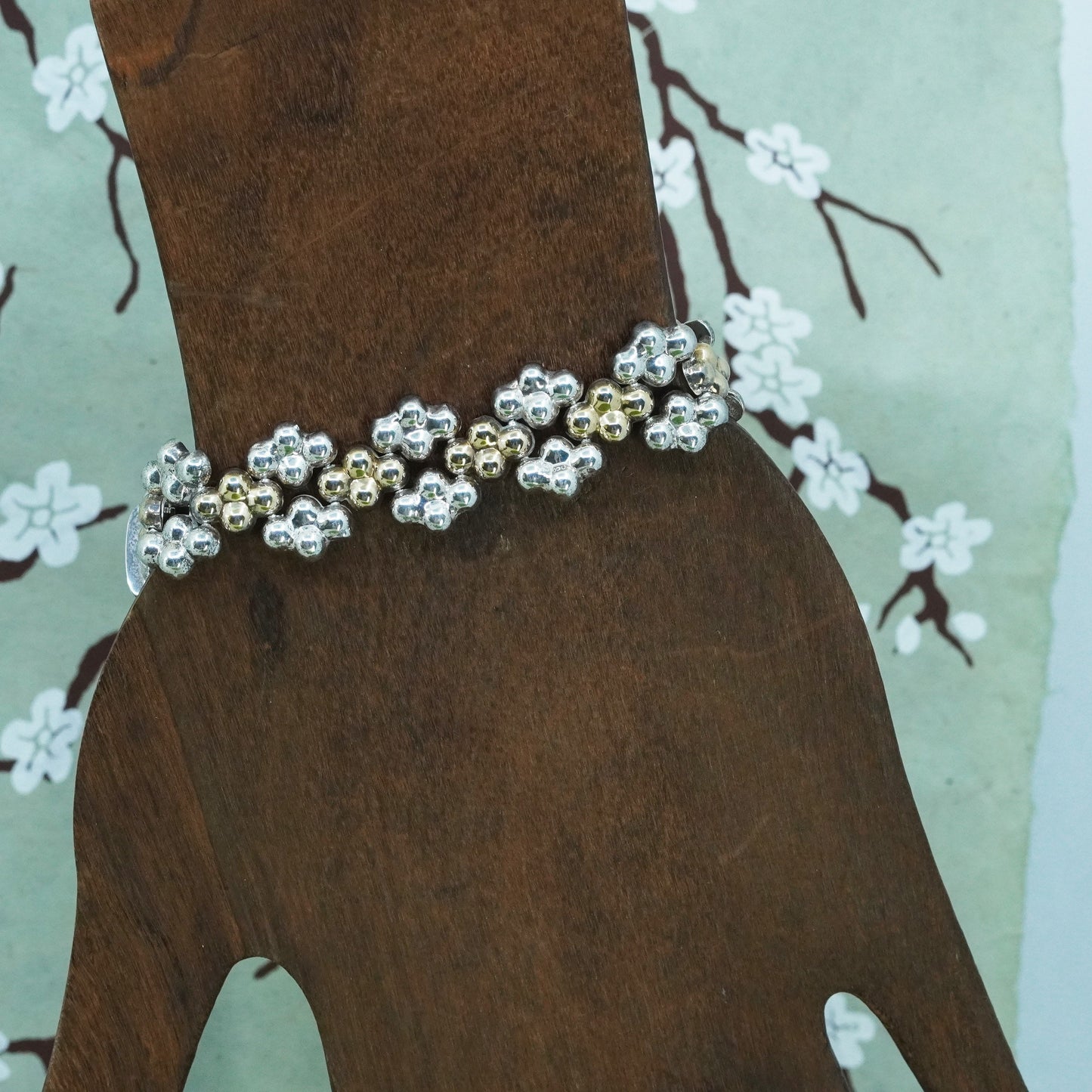 6.5”, Italian two tone Sterling Silver 925 chain, bead textured tennis Bracelet