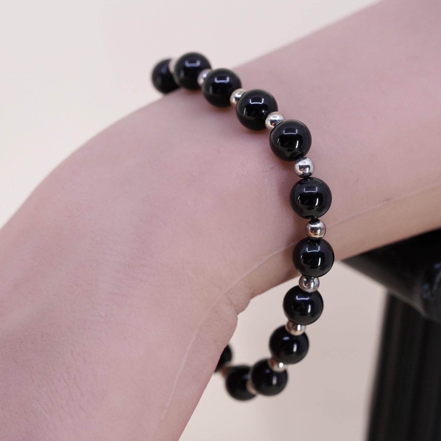 7” 7mm, Vintage Sterling 925 silver handmade bracelet with onyx beads
