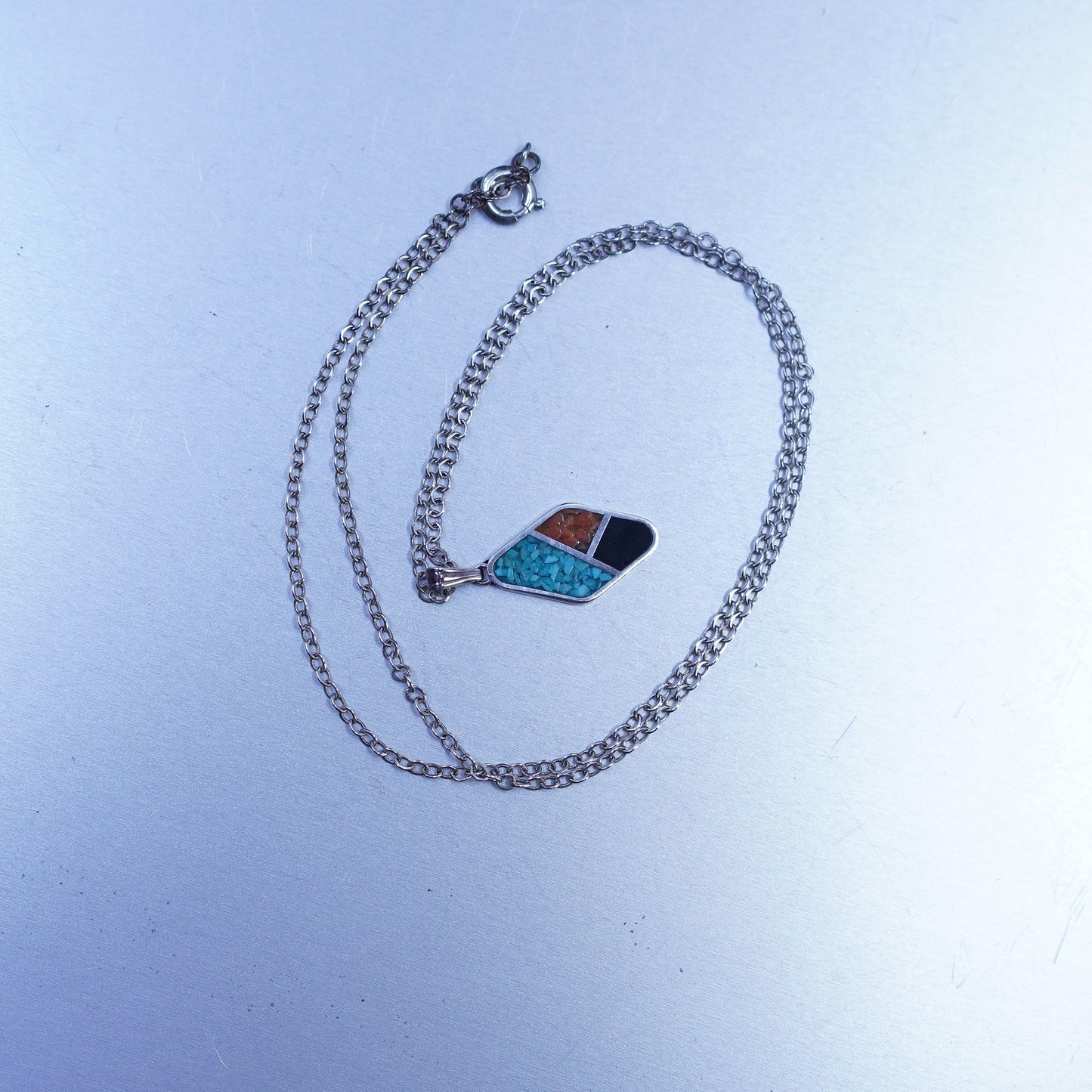 16”, native American Sterling 925 silver necklace turquoise coral pendant