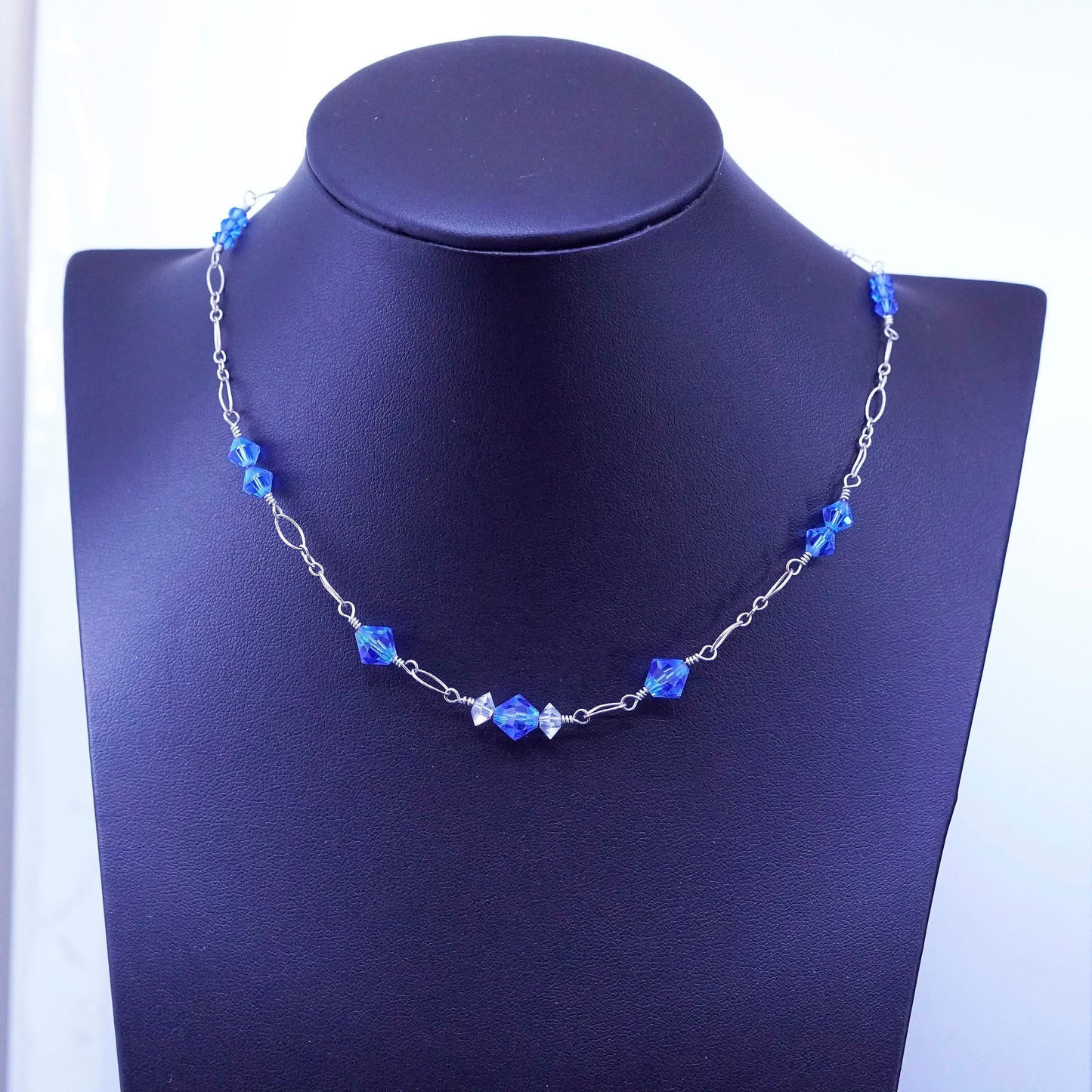 15”, vintage Sterling silver handmade necklace, 925 elongated chain w/ blue Cz
