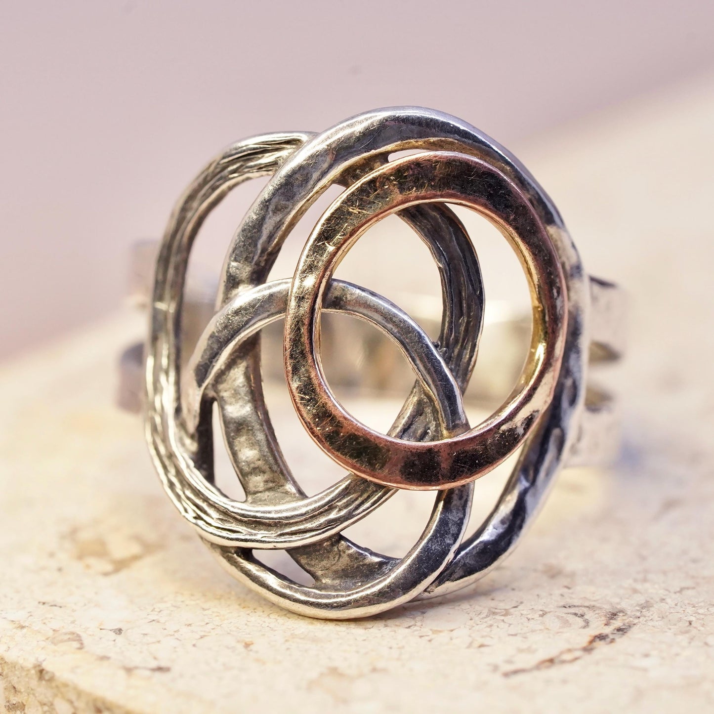Size 9.25, vintage Israel PZ two tone Sterling silver handmade entwined ring