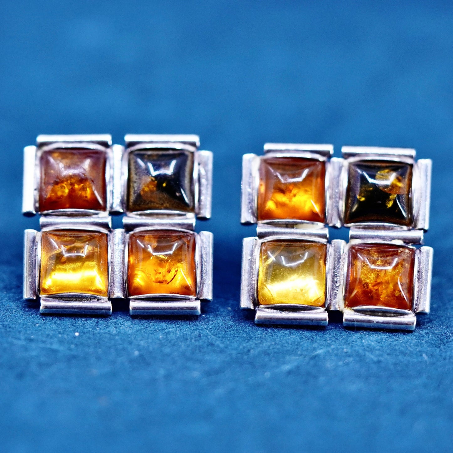 Vintage sterling silver handmade earrings, 925 square studs with amber