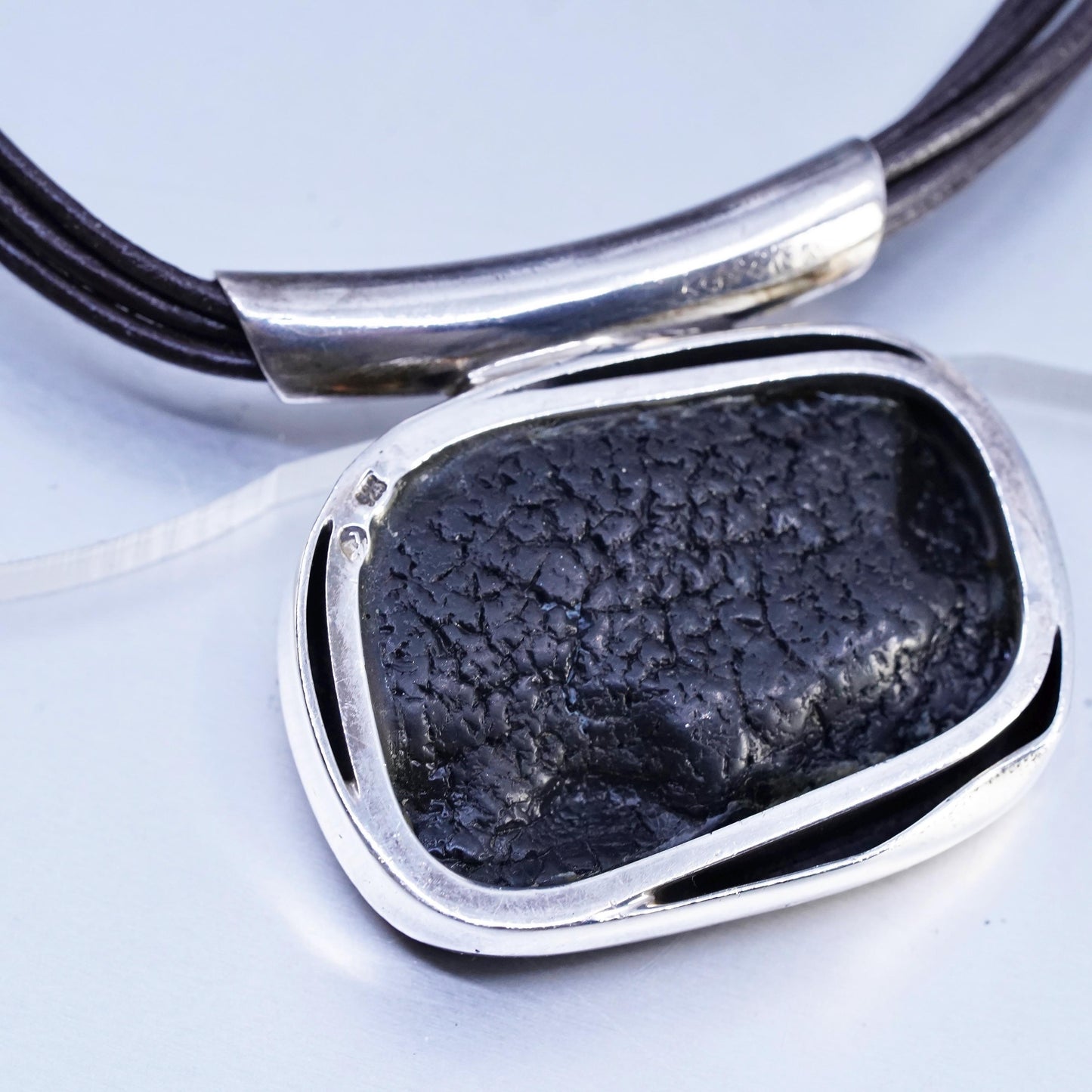 16", VTG Sterling 925 Silver multi strands black Leather Necklace Amber pendant