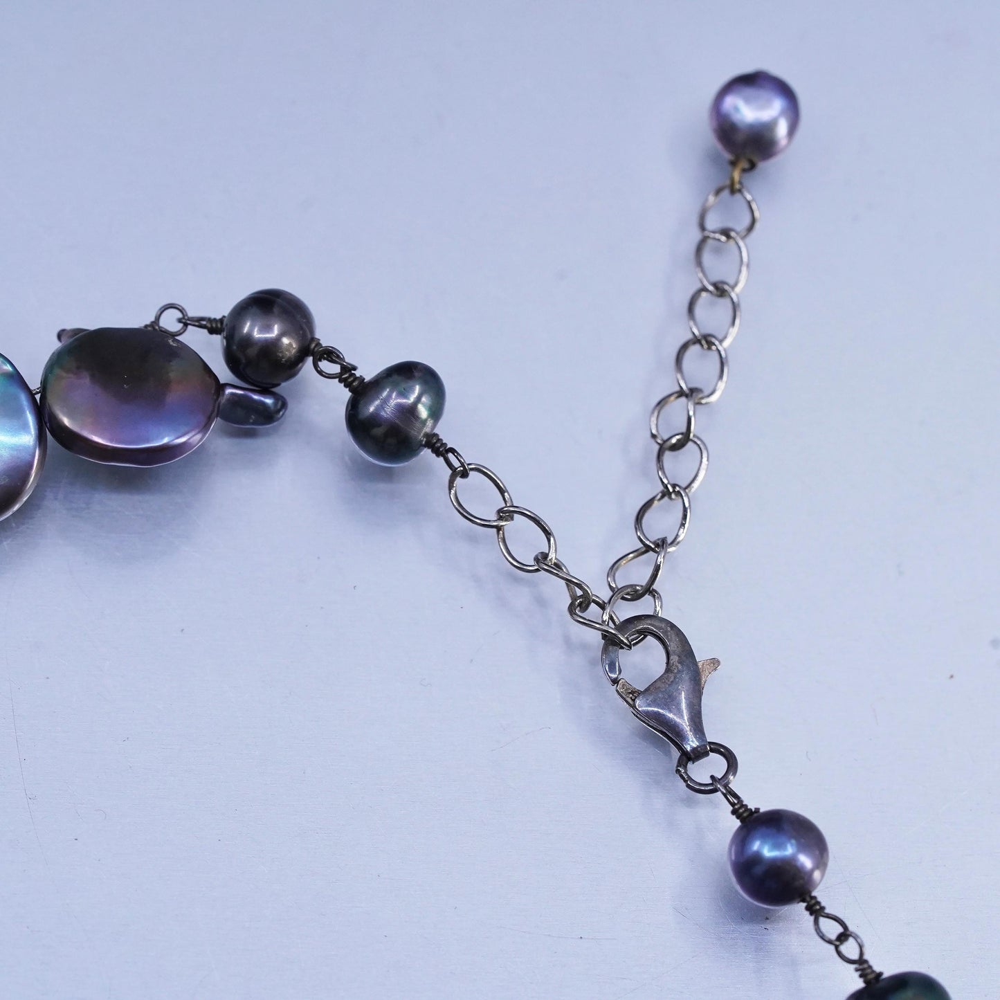 18+2" Vintage Sterling 925 silver handmade necklace black baroque pearl beads