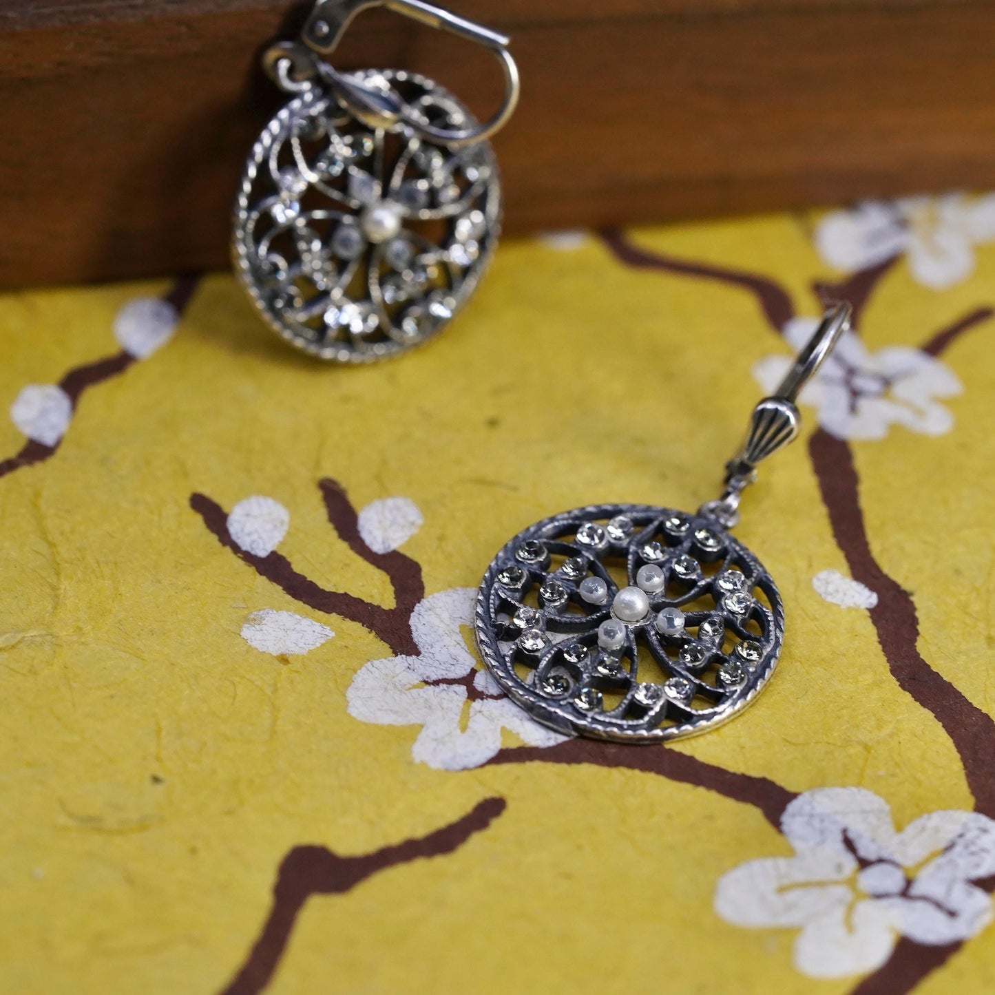 Vintage Sterling silver handmade earrings, 925 circle with cluster cz and pearl