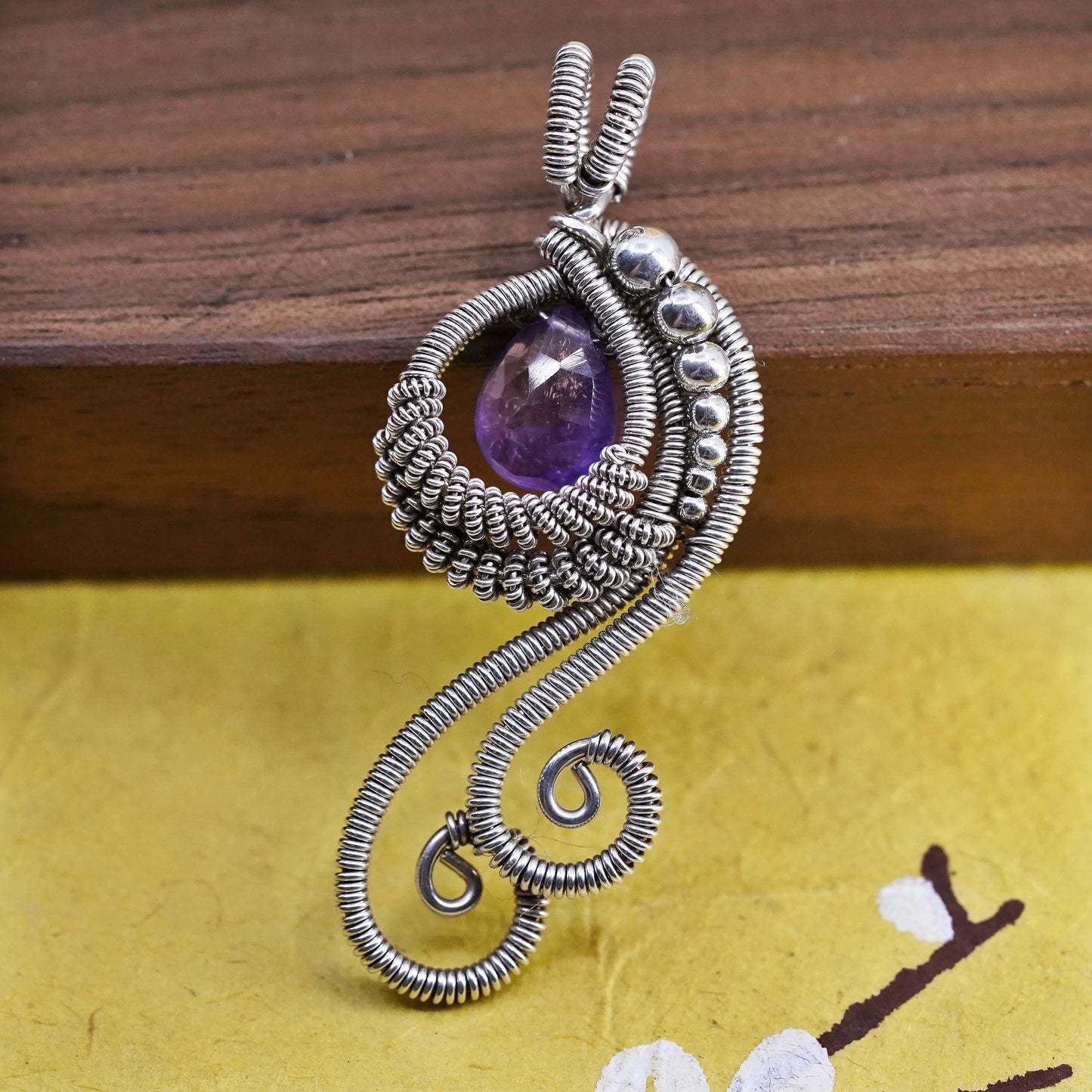 Vintage Sterling silver handmade pendant, 925 wired teardrop with amethyst