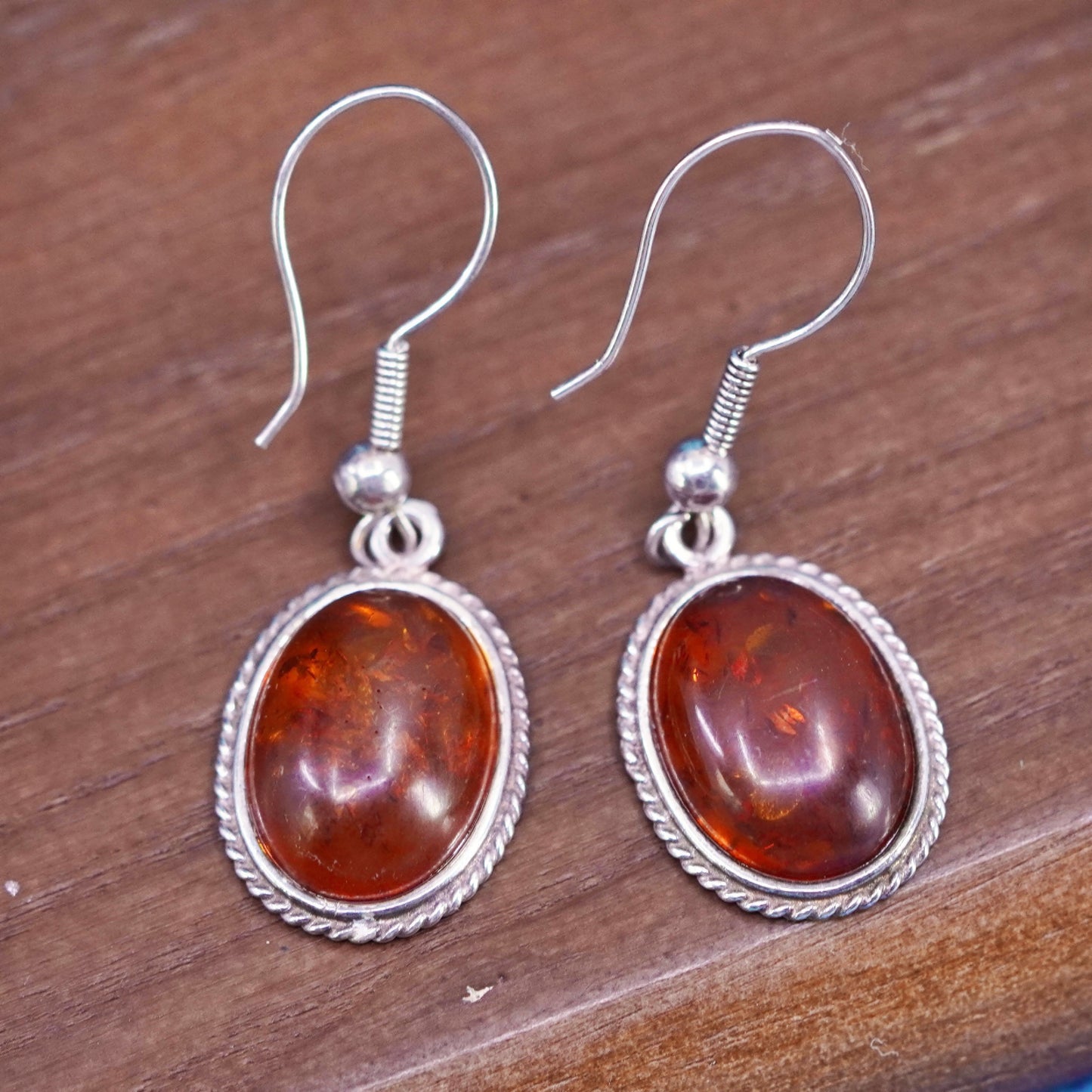 Vintage sterling 925 silver handmade earrings with oval amber
