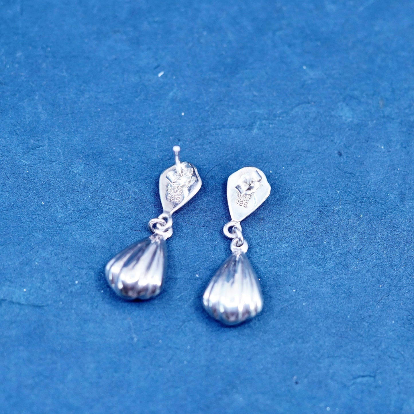 Vintage sterling silver handmade earrings, 925 ribbed teardrop drops