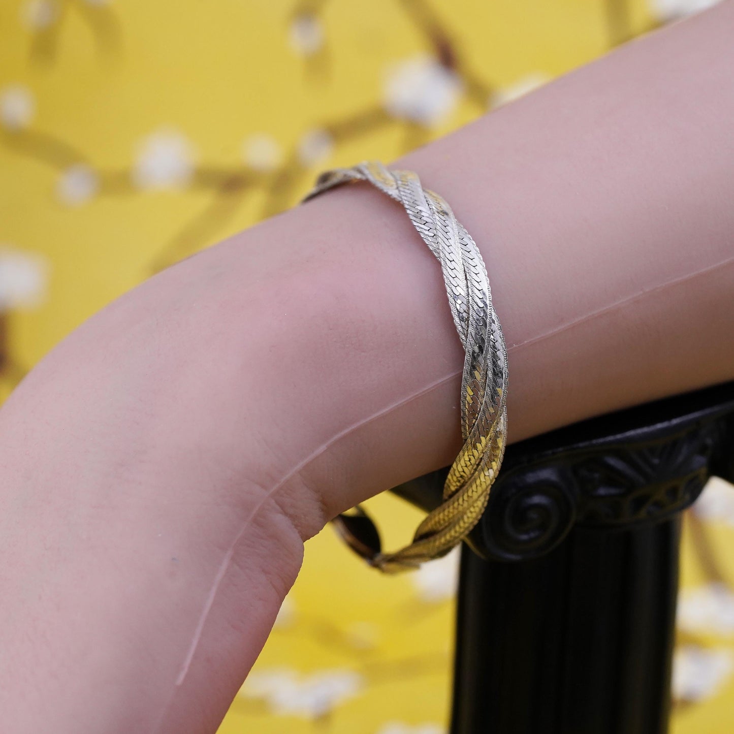 6.75", vtg Sterling silver braided woven herringbone bracelet, Italy 925 chain