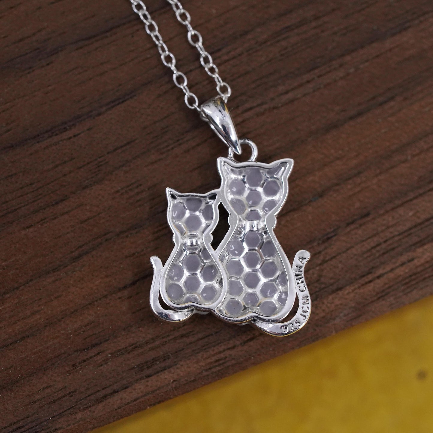 18" Sterling silver necklace motherhood, 925 cluster cz cat mother baby, kitty