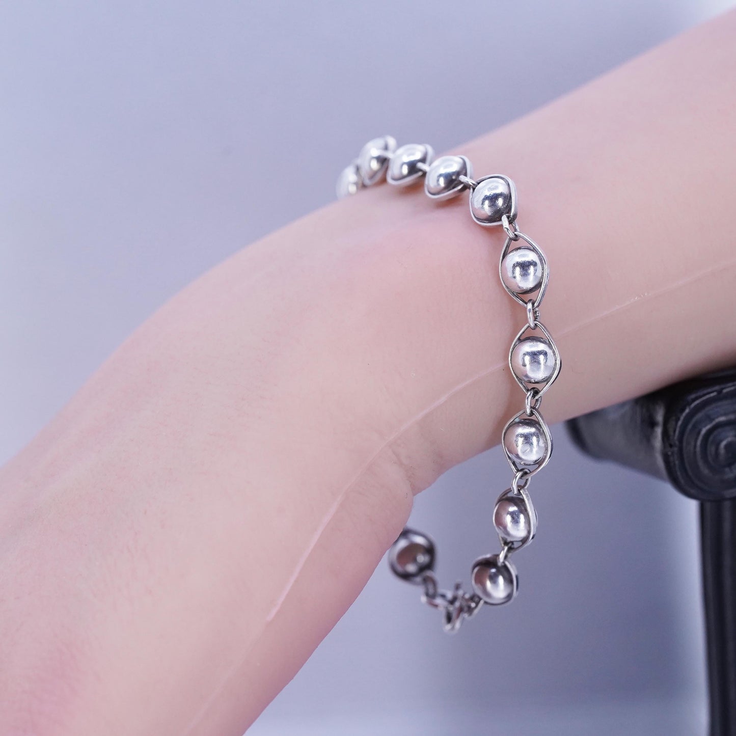 6.75”, Vintage Sterling 925 silver handmade bracelet, chain with 6mm beads