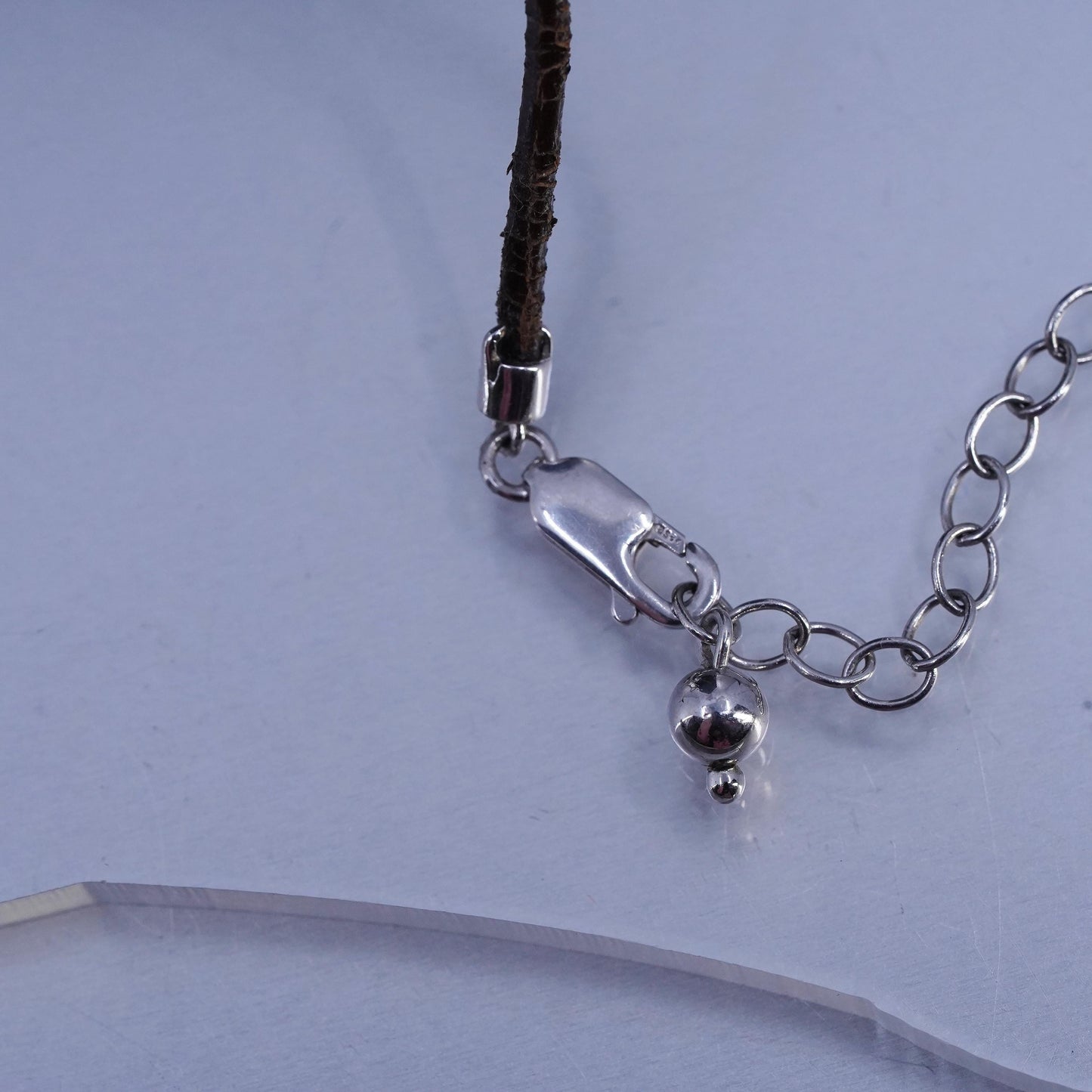 16+2", 925 Sterling Silver Leather Necklace carved mother of pearl flower cz