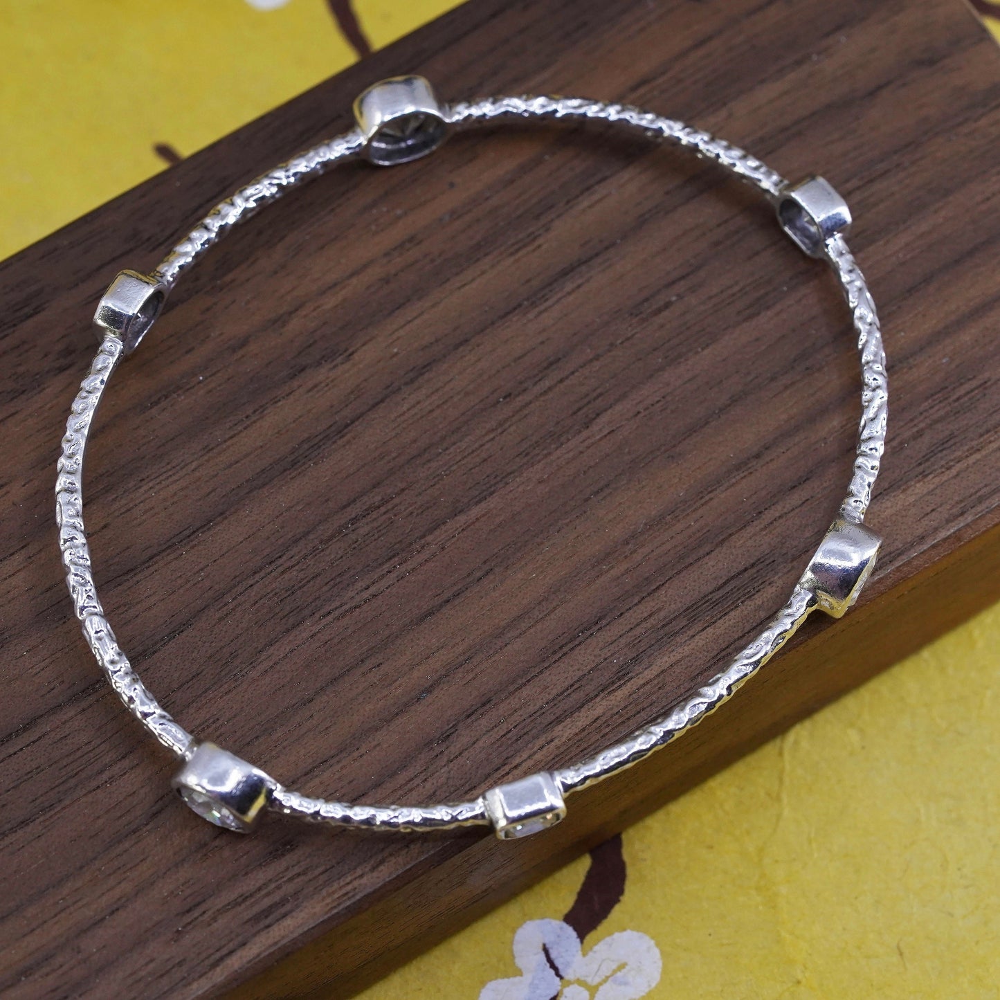 8", Vintage Milor Sterling silver bracelet, textured 925 bangle with sparkly cz