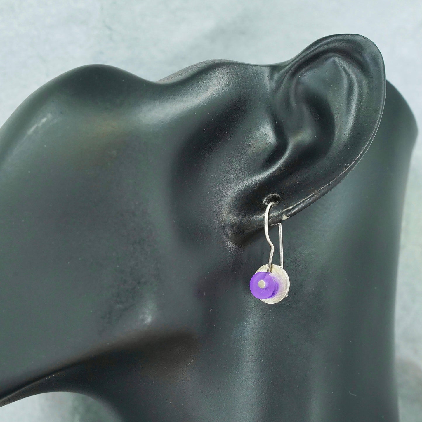 Vintage Sterling 925 silver handmade circle earrings with purple glass dangles