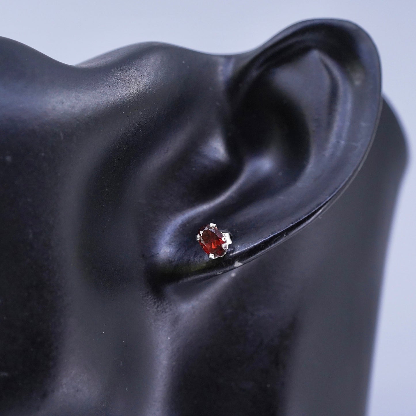 Vintage Sterling 925 silver handmade earrings, oval studs with ruby