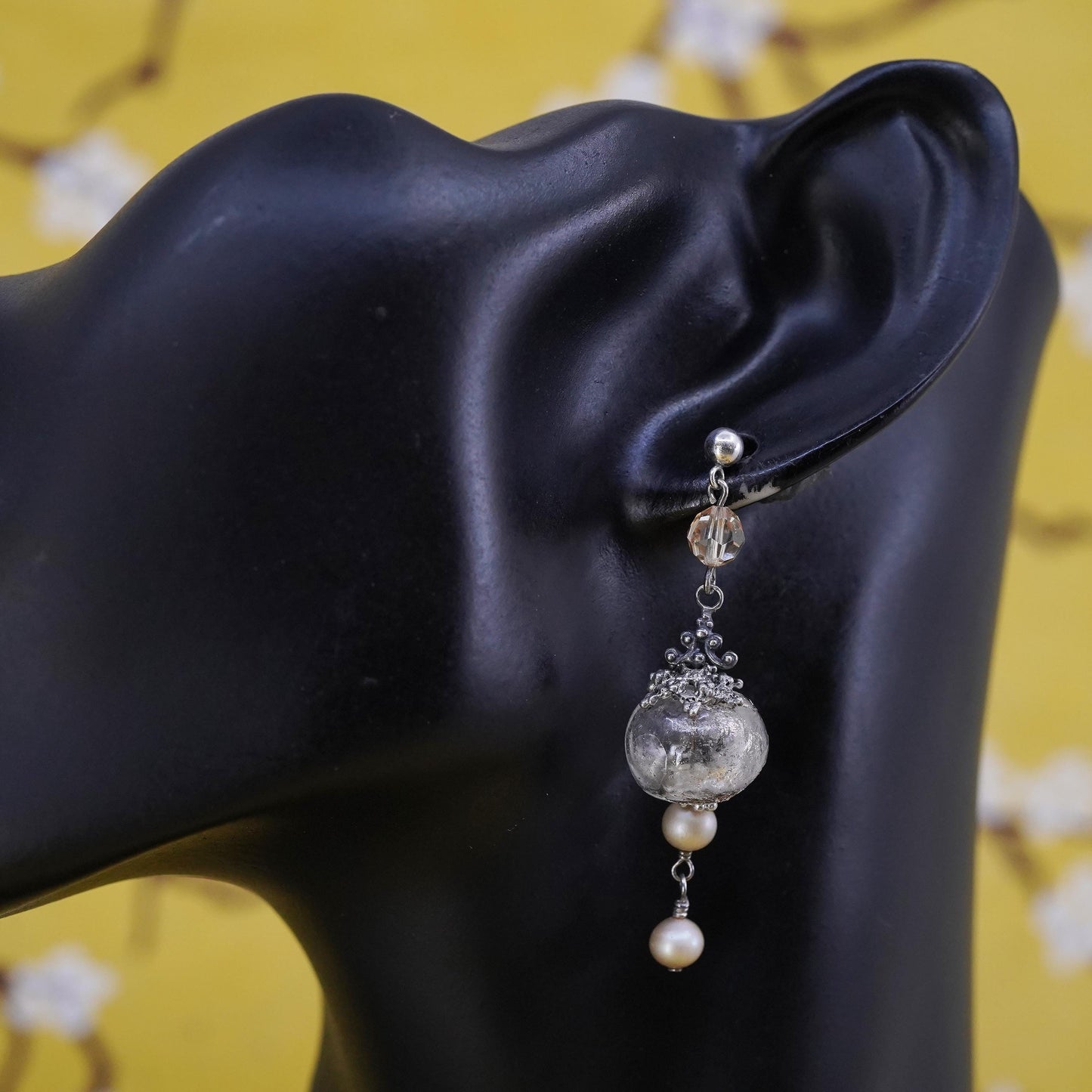 Vintage Sterling silver handmade earrings, solid 925 silver glass beads