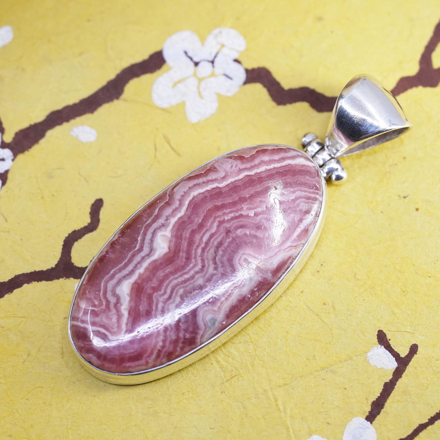 Vintage Sterling 925 silver handmade huge oval pendant with Rhodonite