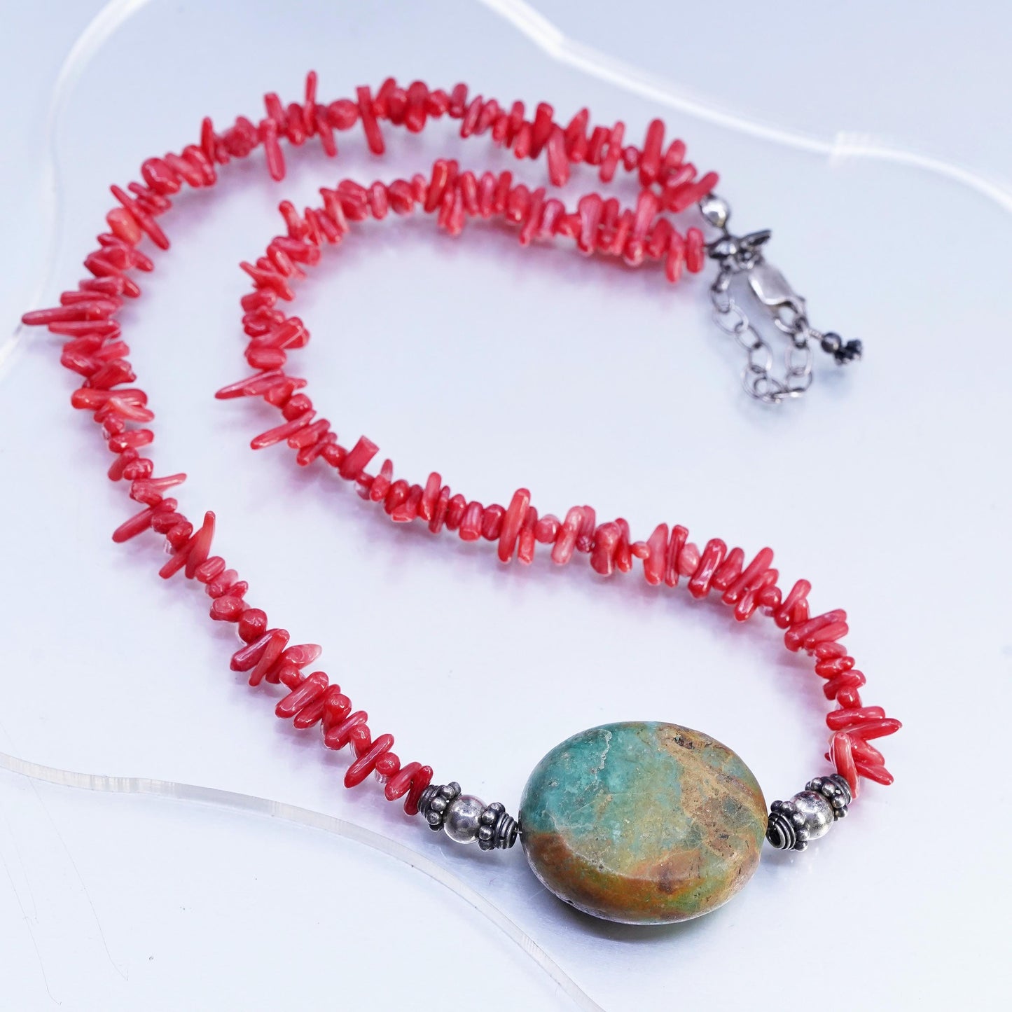 16+2", Native American Sterling 925 silver turquoise necklace with coral beads